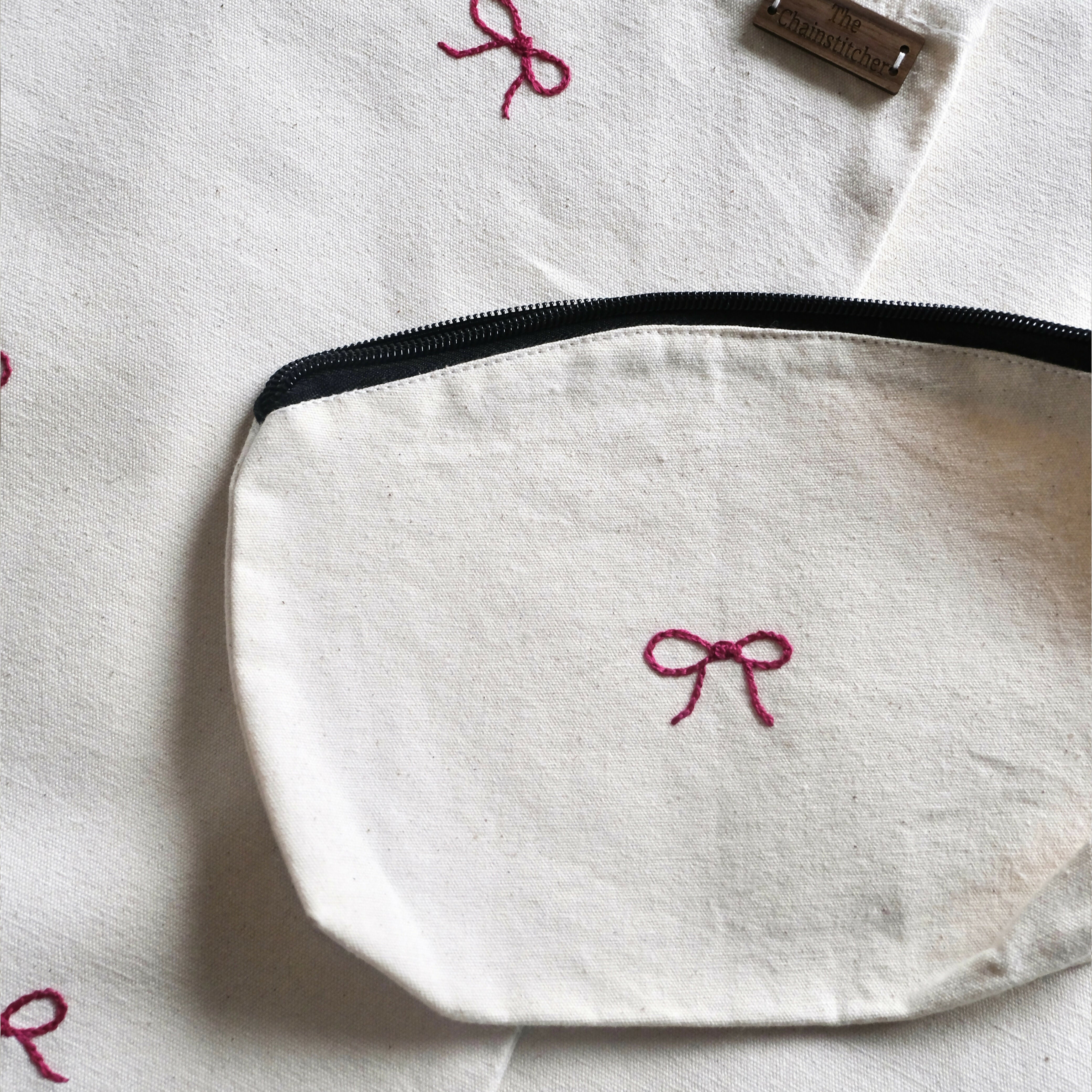 Hand Embroidered Pink Bow Makeup Bag