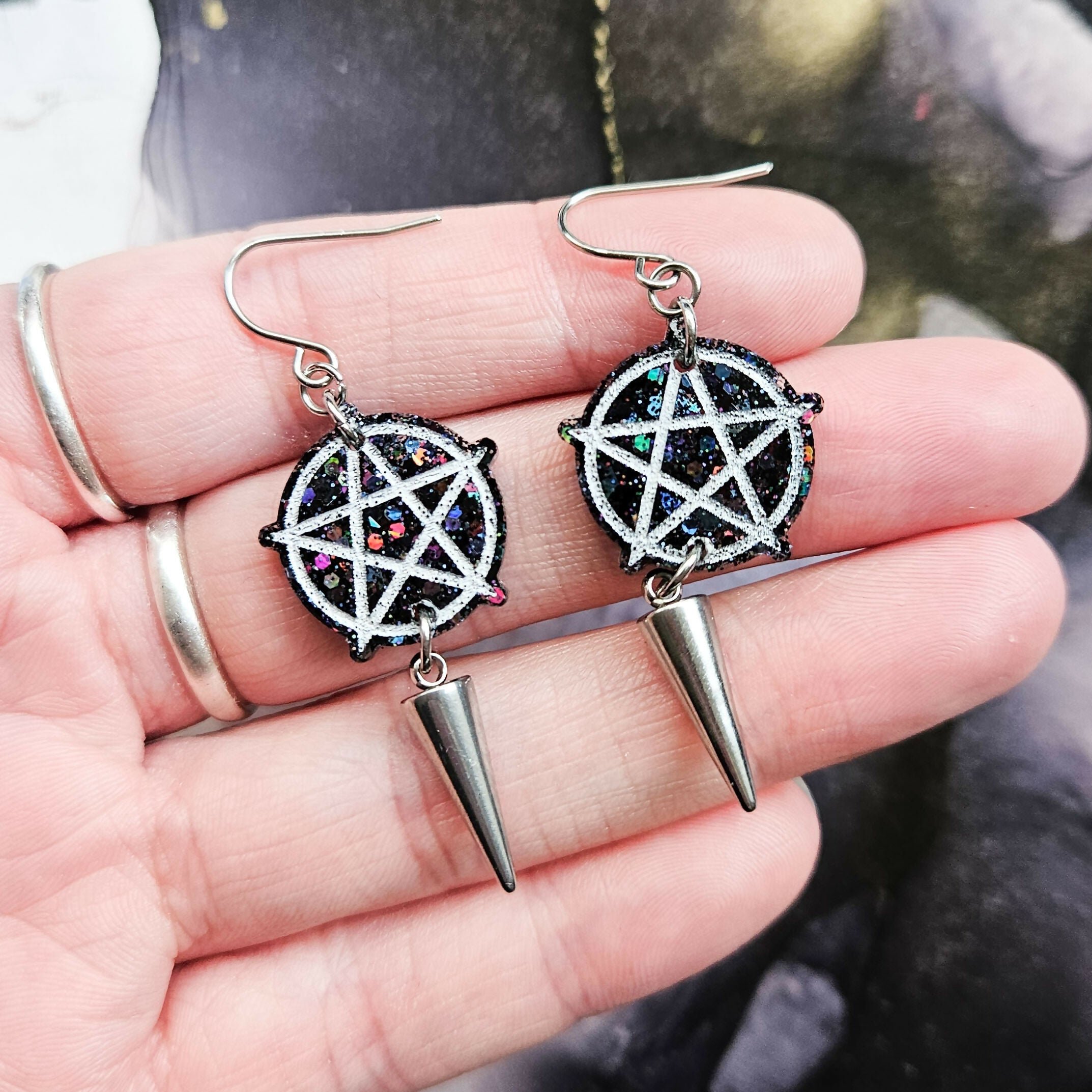 Handmade Black Glitter Pentacle Resin Earrings