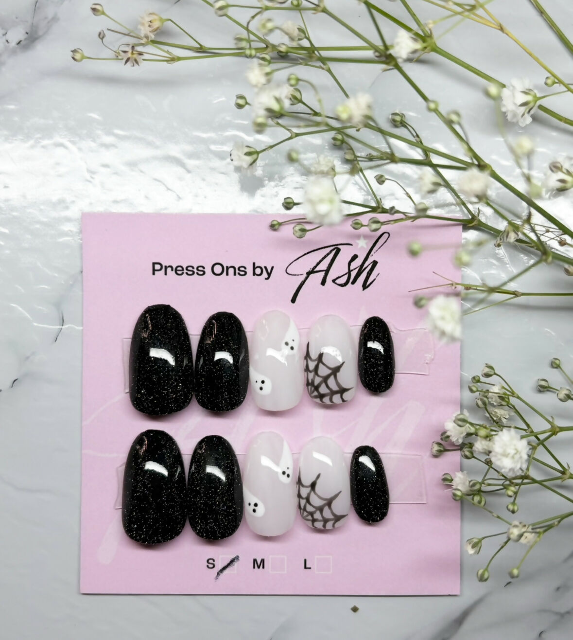 Reusable Sparkly Black Web And Ghost Handmade Press On Nails