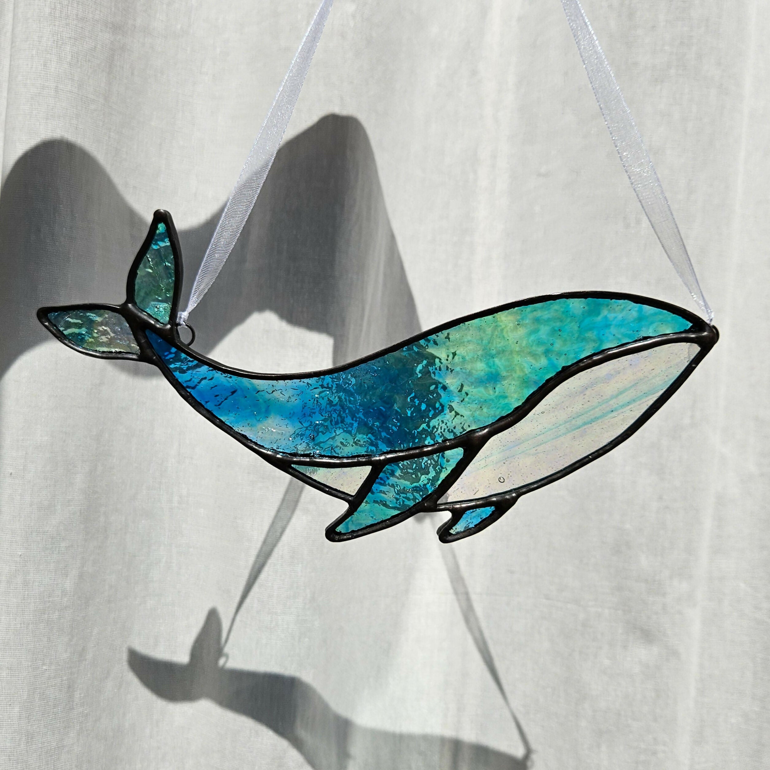 Textured Iridescent Green-Blue Whale Stained Glass Suncatcher