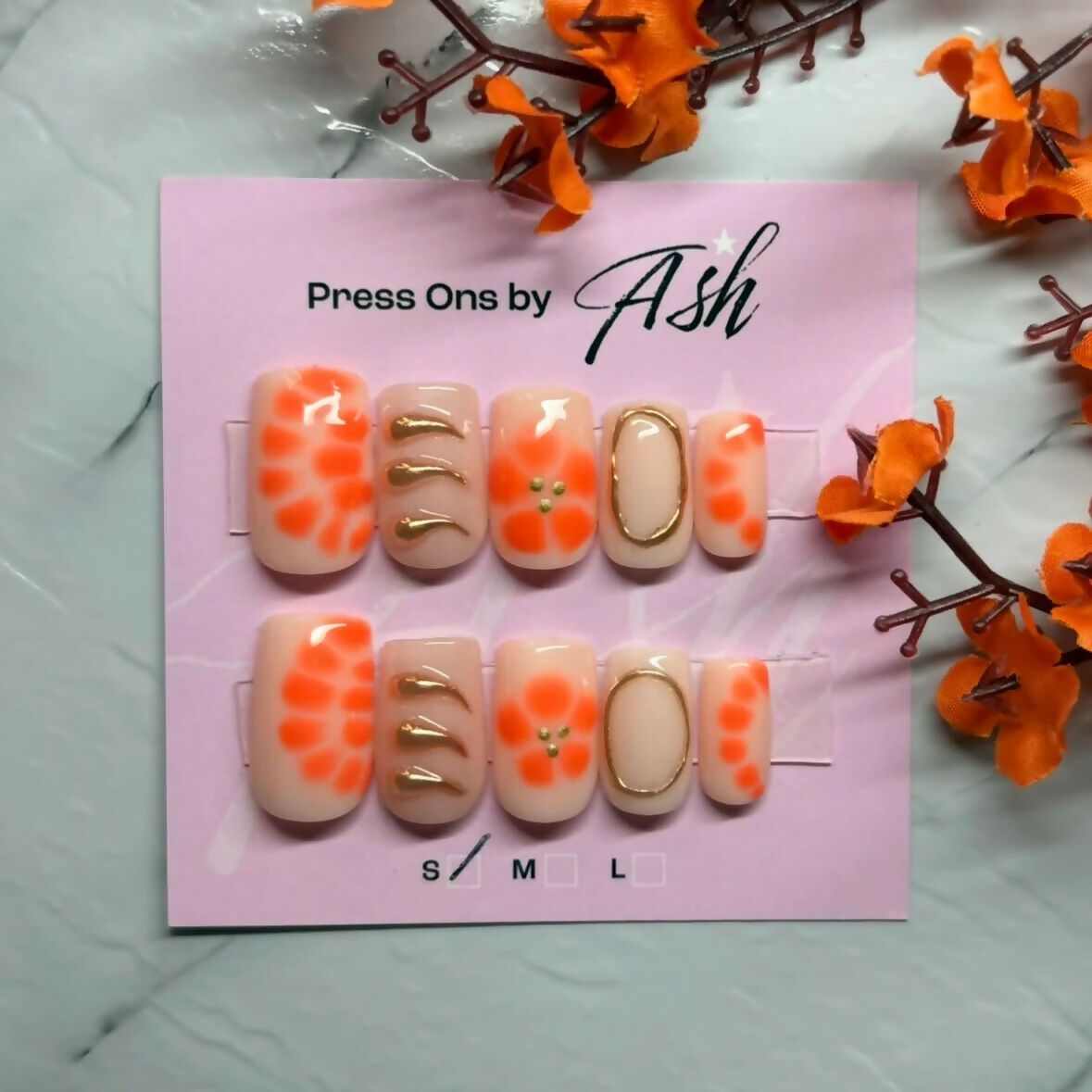 Reusable Orange and Gold Detailed Handmade Press On Nails