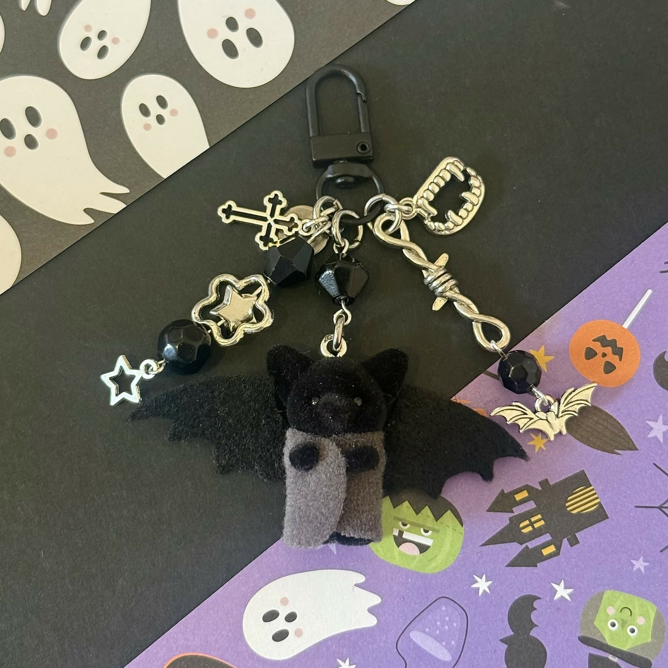 Bat Baby Silver and Black Handmade Halloween Trinket Keychain