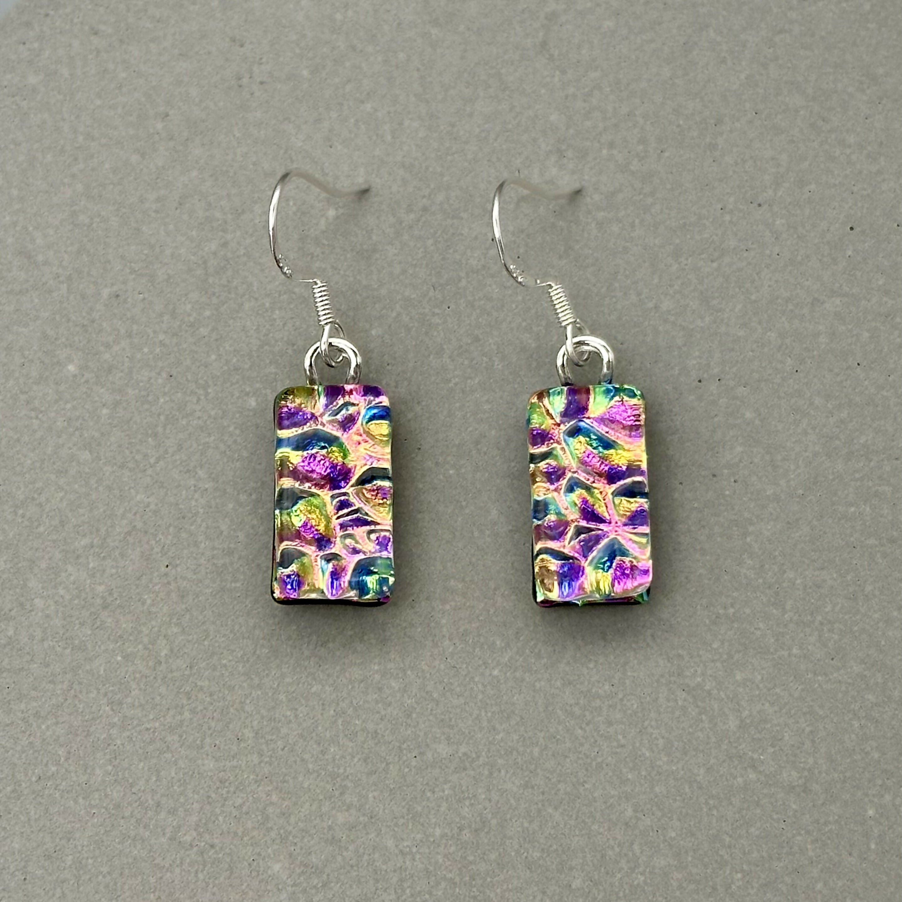 Pink Rainbow Raindrop Dichroic Glass Necklace and Earrings Set - Sterling Silver, Handmade by Jade Tapson Glass