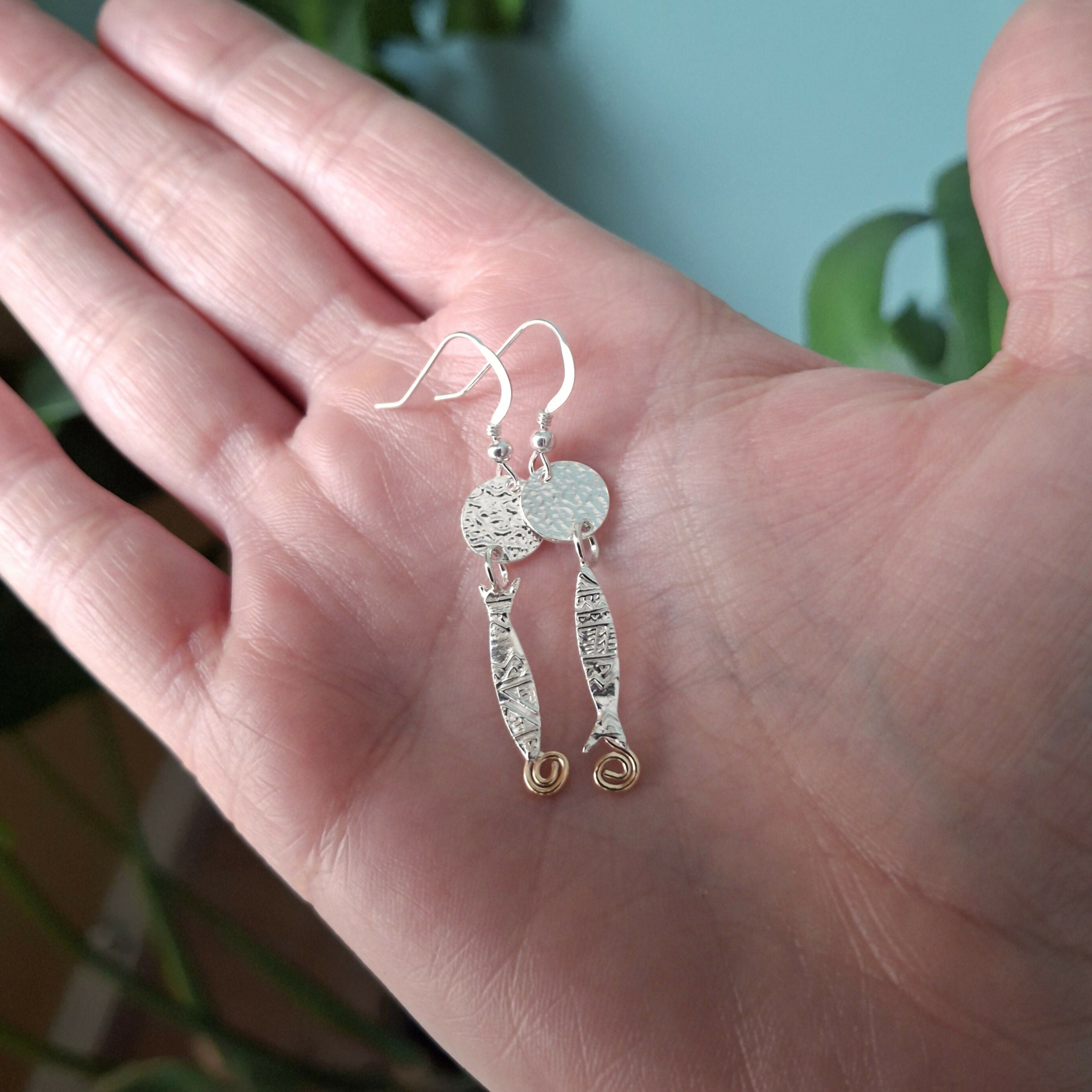 Handmade Silver Fish Earrings With Gold Accents