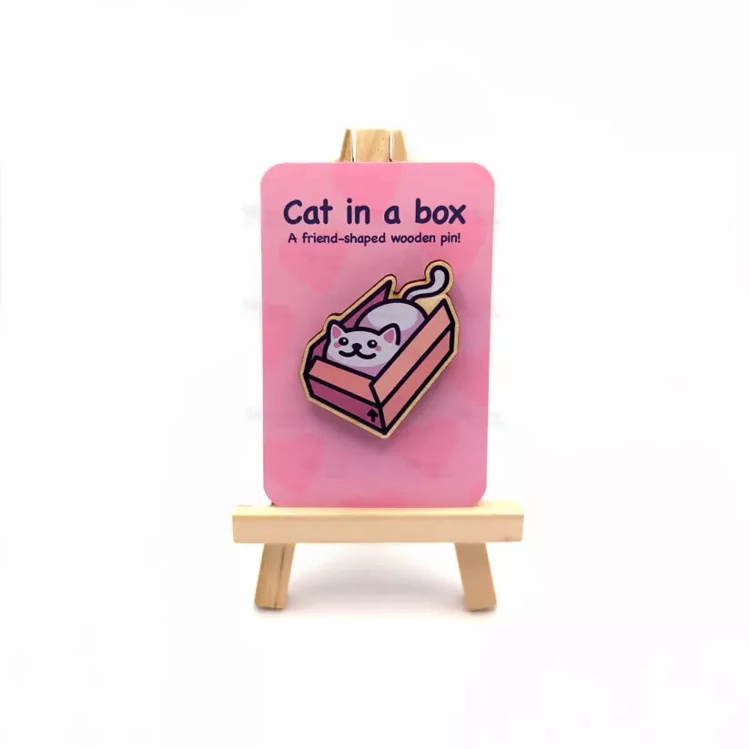 Wooden Pin Badge - Cat In A Box