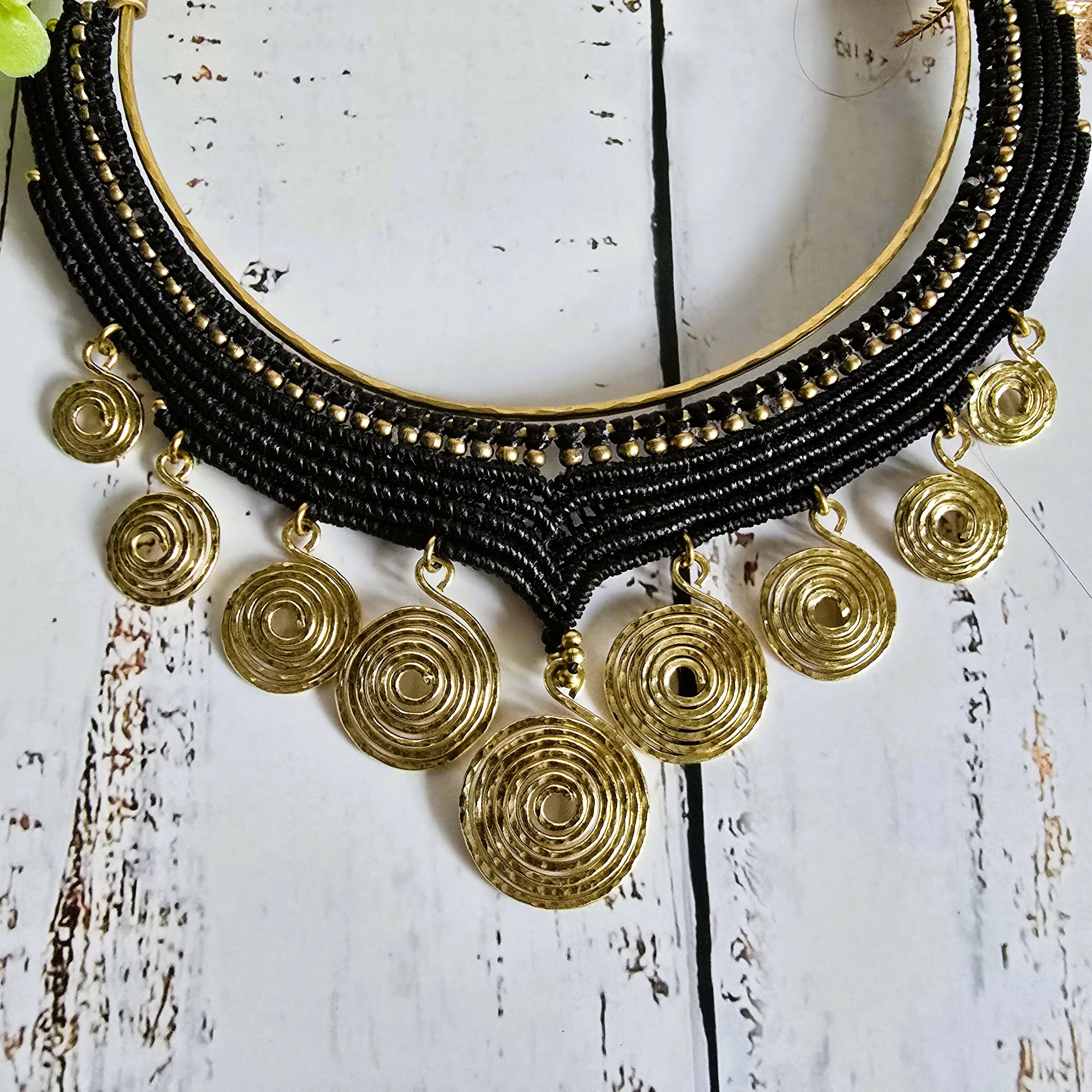 Black Macrame & Gold Brass Wire Spiral Choker; Egyptian Queen Tribal Statement Thai Jewellery