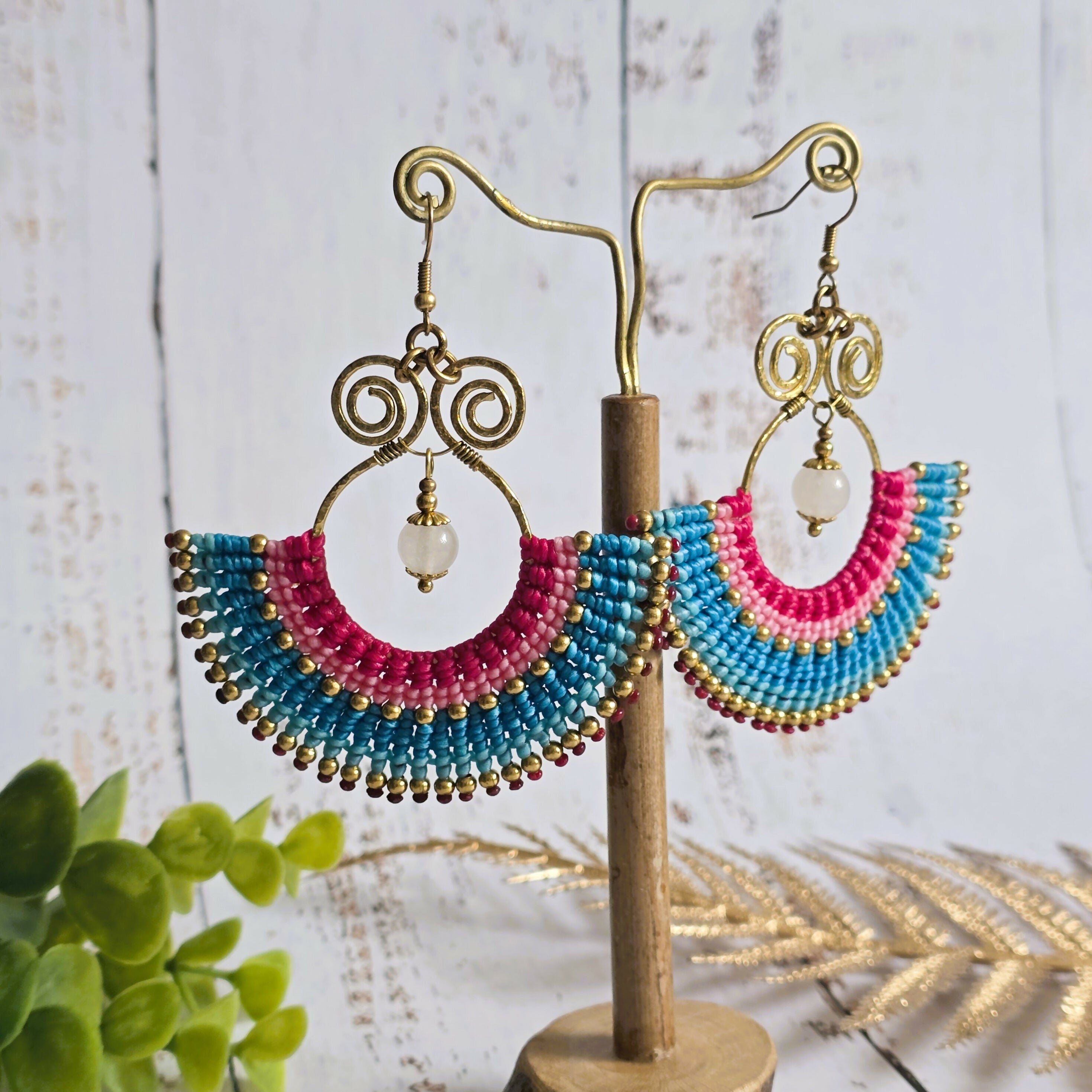 Pink Rose Quartz Statement Earrings; Handmade Bohemian Macramé Earrings With Gold Spiral Wirework