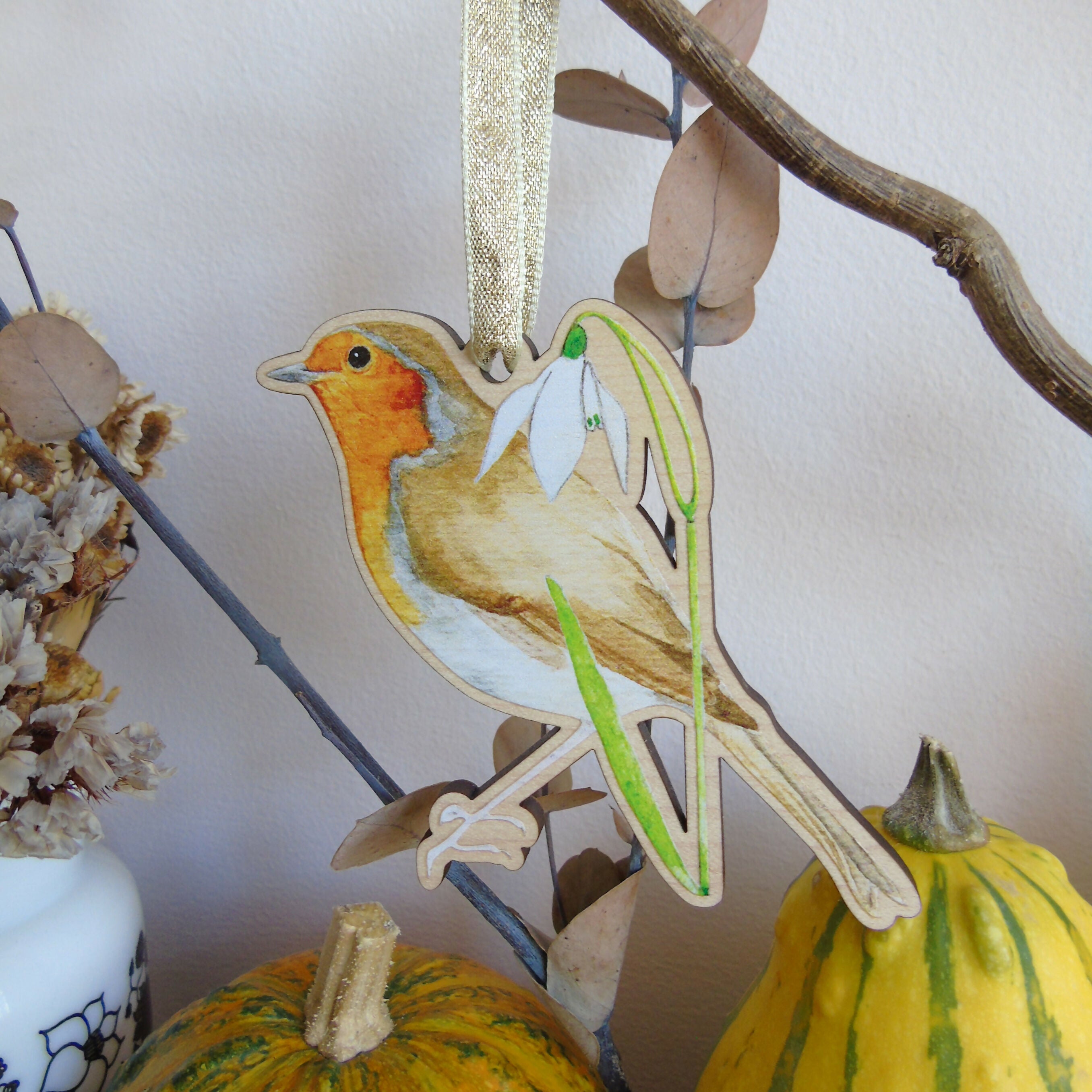 Robin and Snowdrop Hanging Wooden Decoration