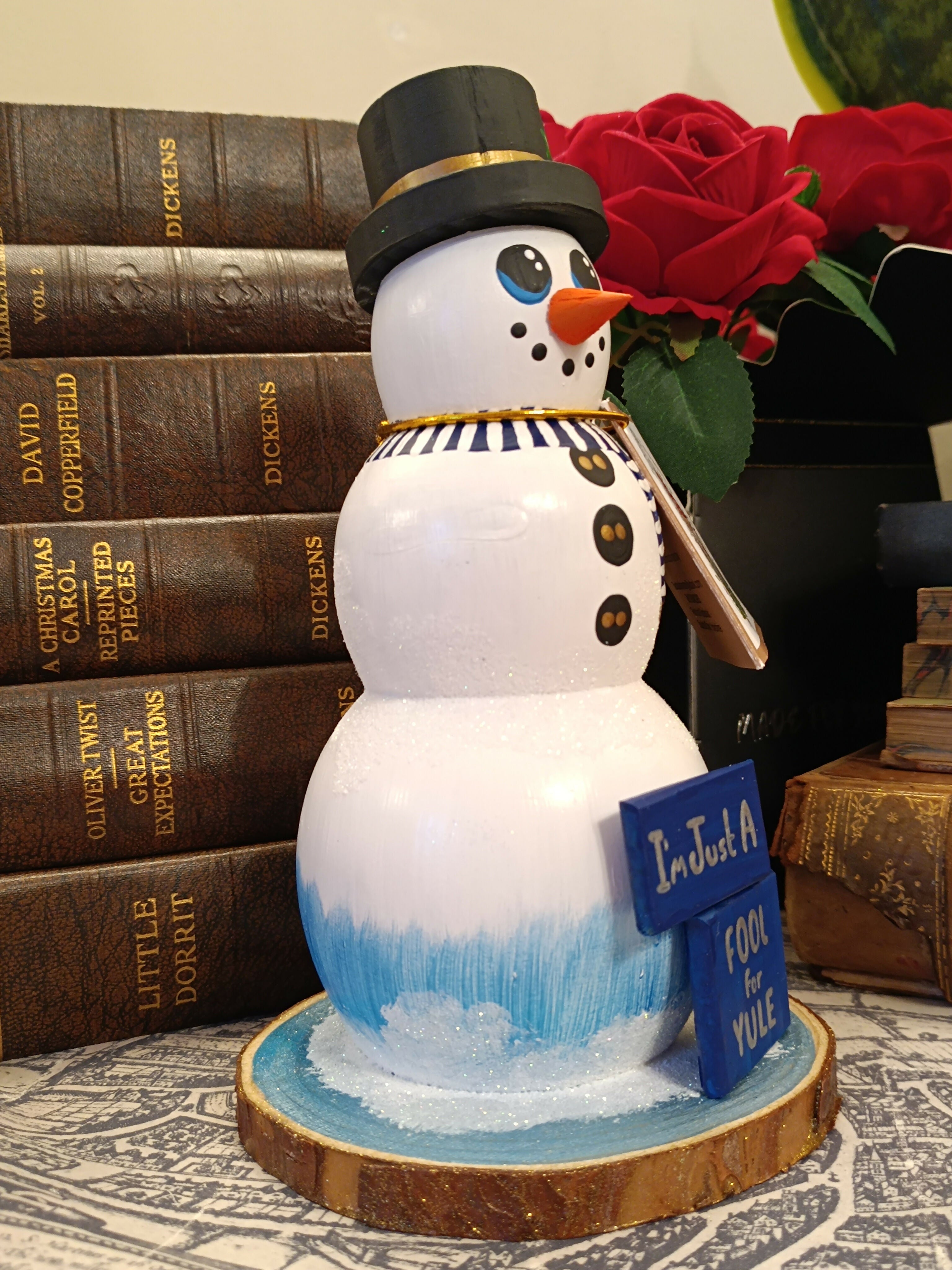 Handcrafted Whimsical Glitter Snowman Figurine with "I'm Just A Fool For Yule" Wooden Sign