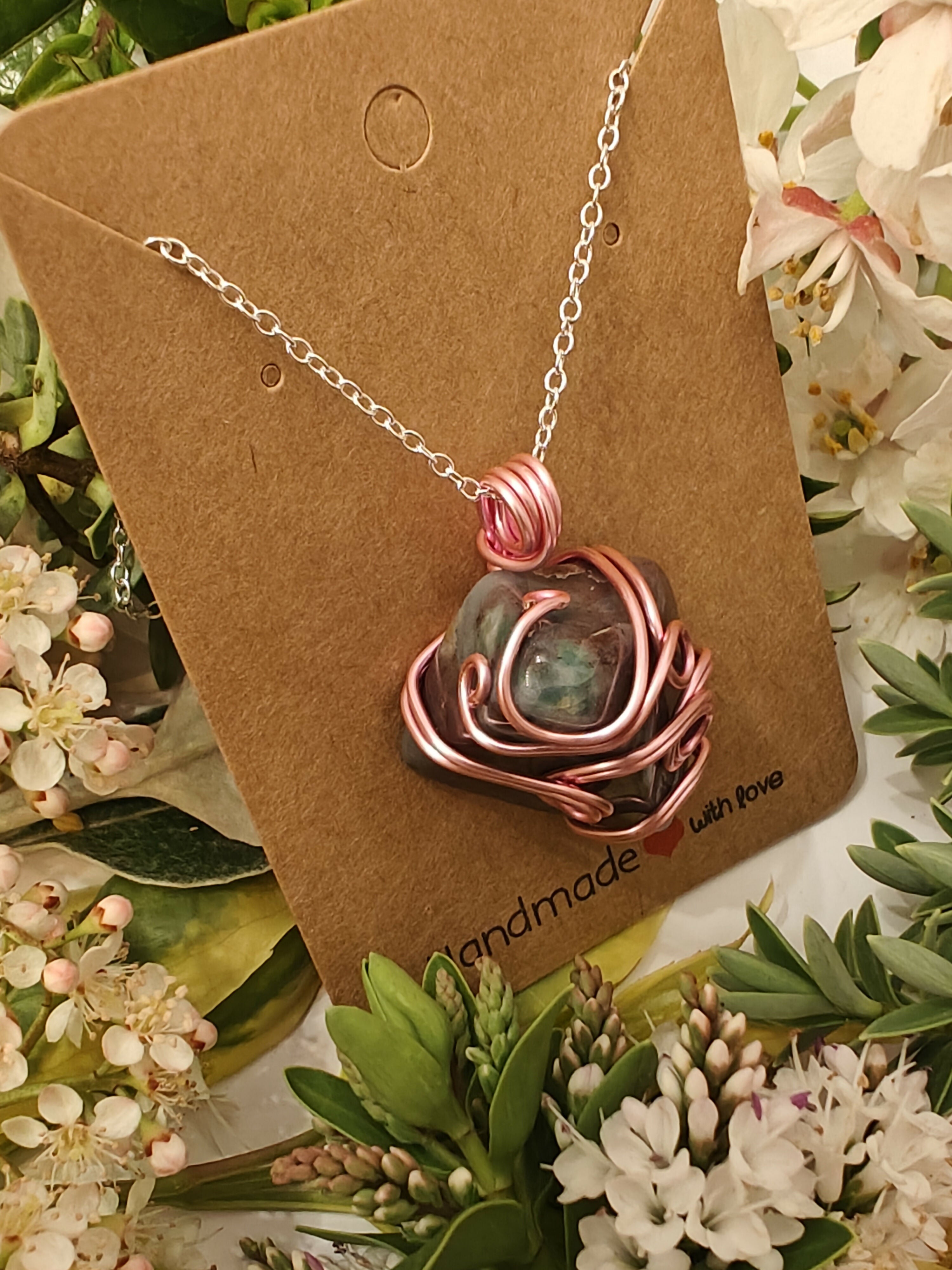 Jasper Wire Wrapped Crystal Necklace on Sterling Silver Chain