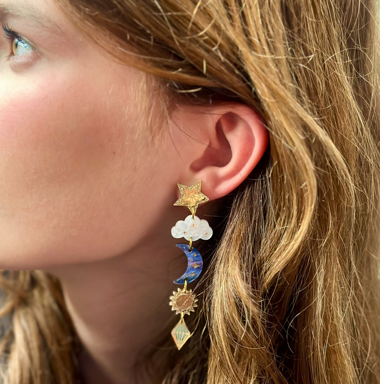 Dreamy, Celestial, Sun, Moon And Star Dangly Statement Earrings