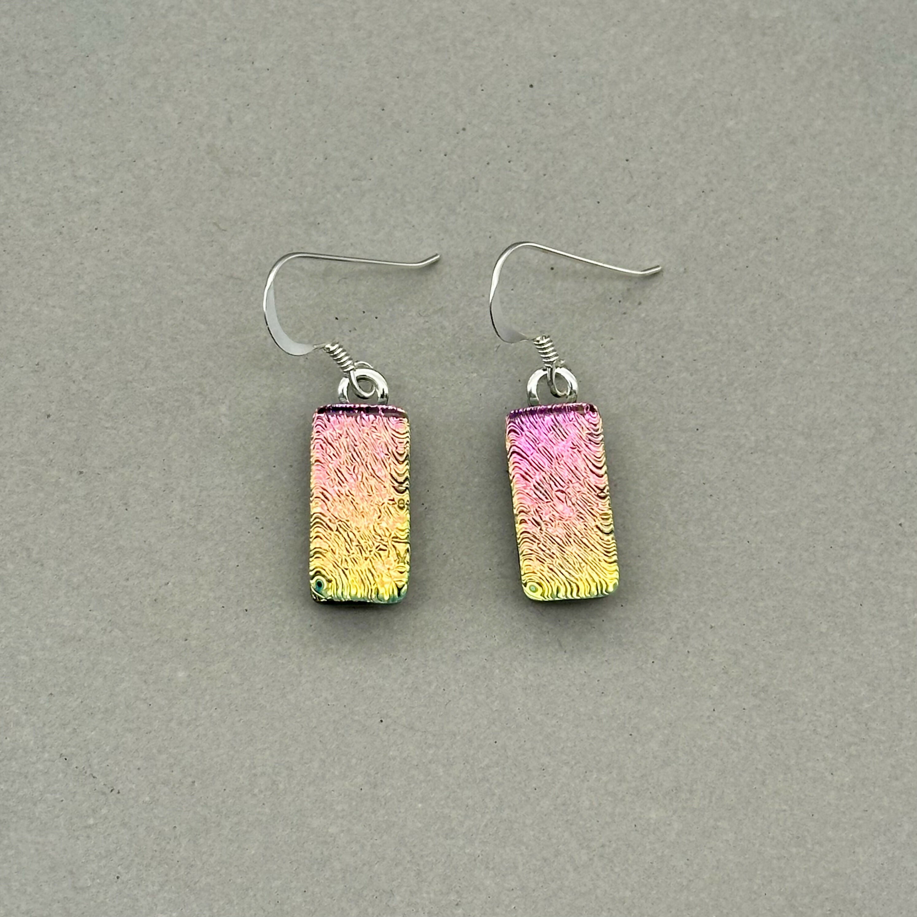 Pink & Yellow Dichroic Glass Necklace and Earrings Set - Sterling Silver, Handmade by Jade Tapson Glass
