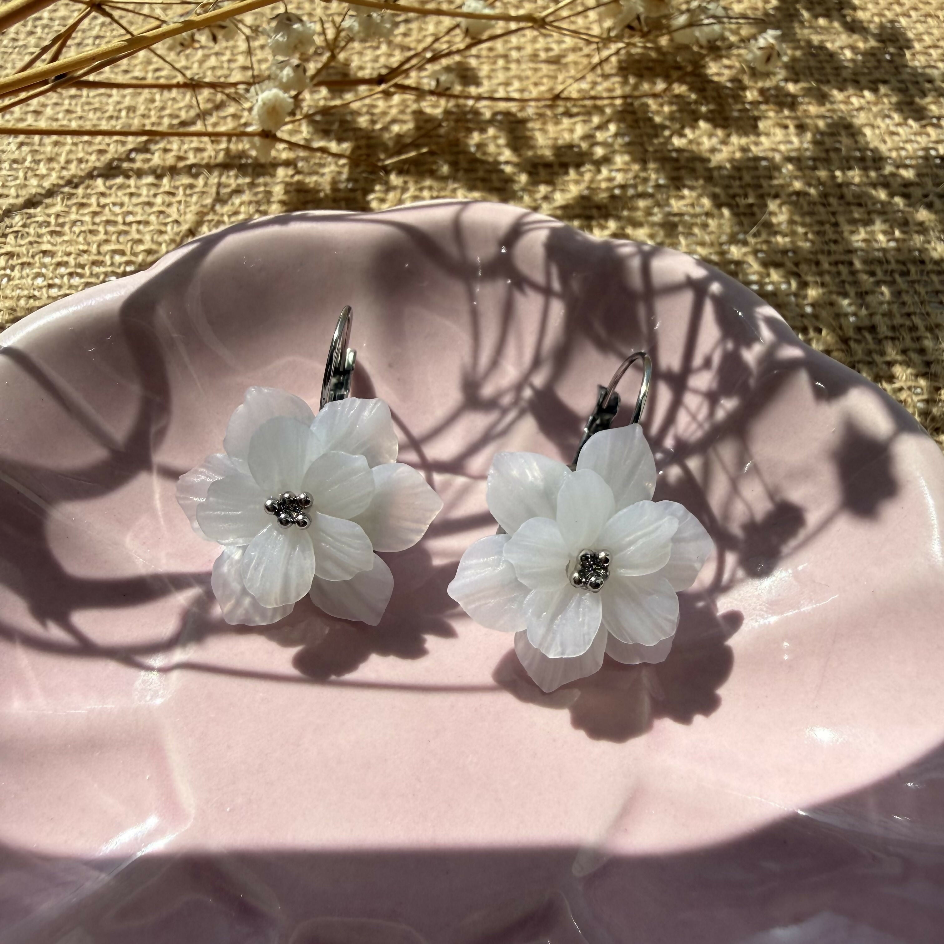 Translucent White Flower Drop Earrings with Silver Bead Centre