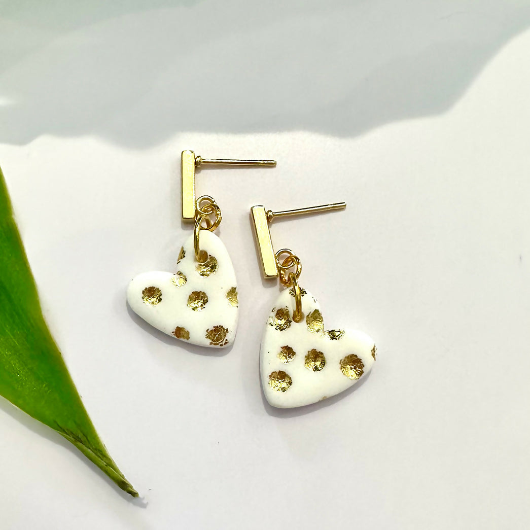 White and Gold Heart Dangle Earrings - Handmade Polymer Clay - Polly Plant