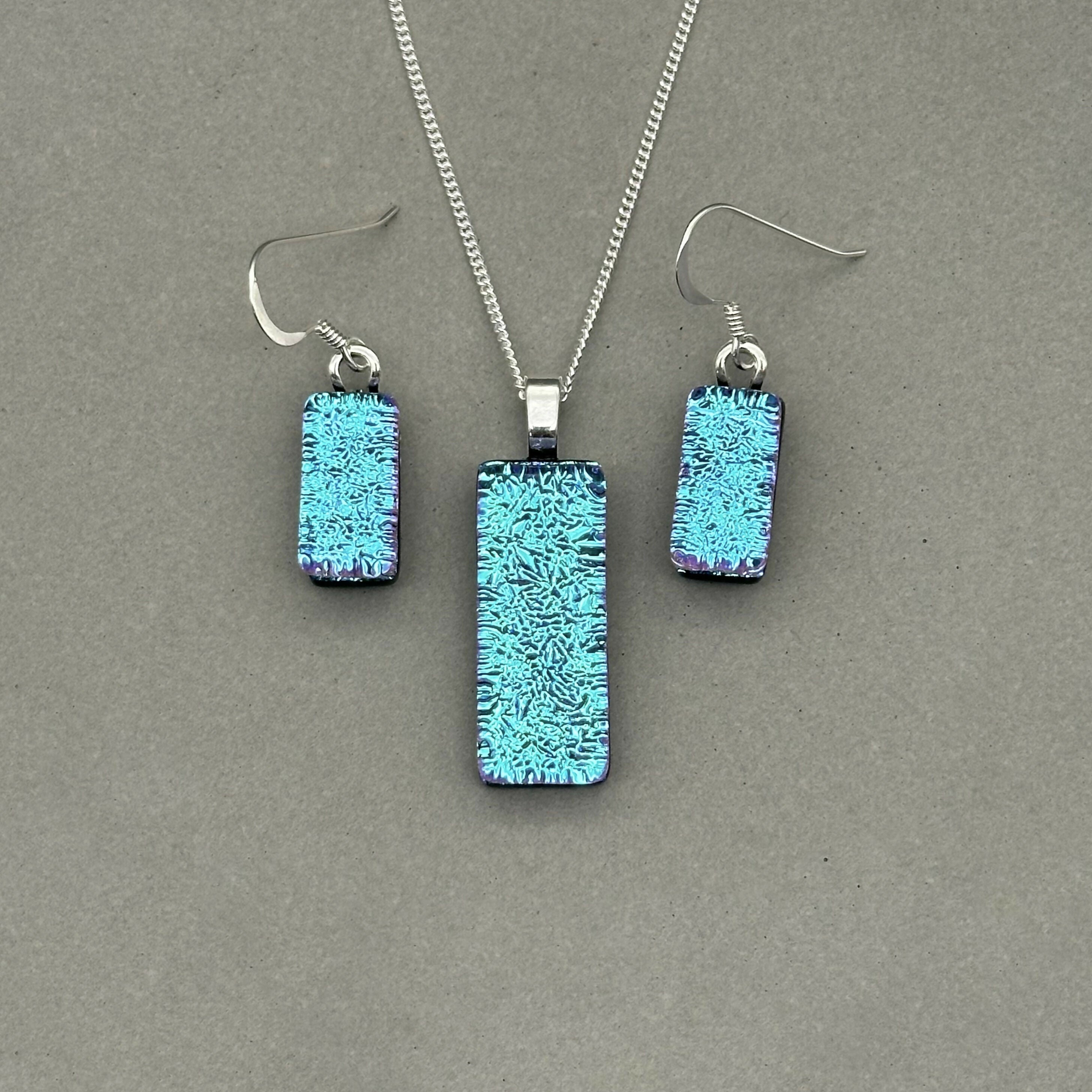 Ice Blue & Purple Dichroic Glass Necklace and Earrings Set - Sterling Silver, Handmade by Jade Tapson Glass