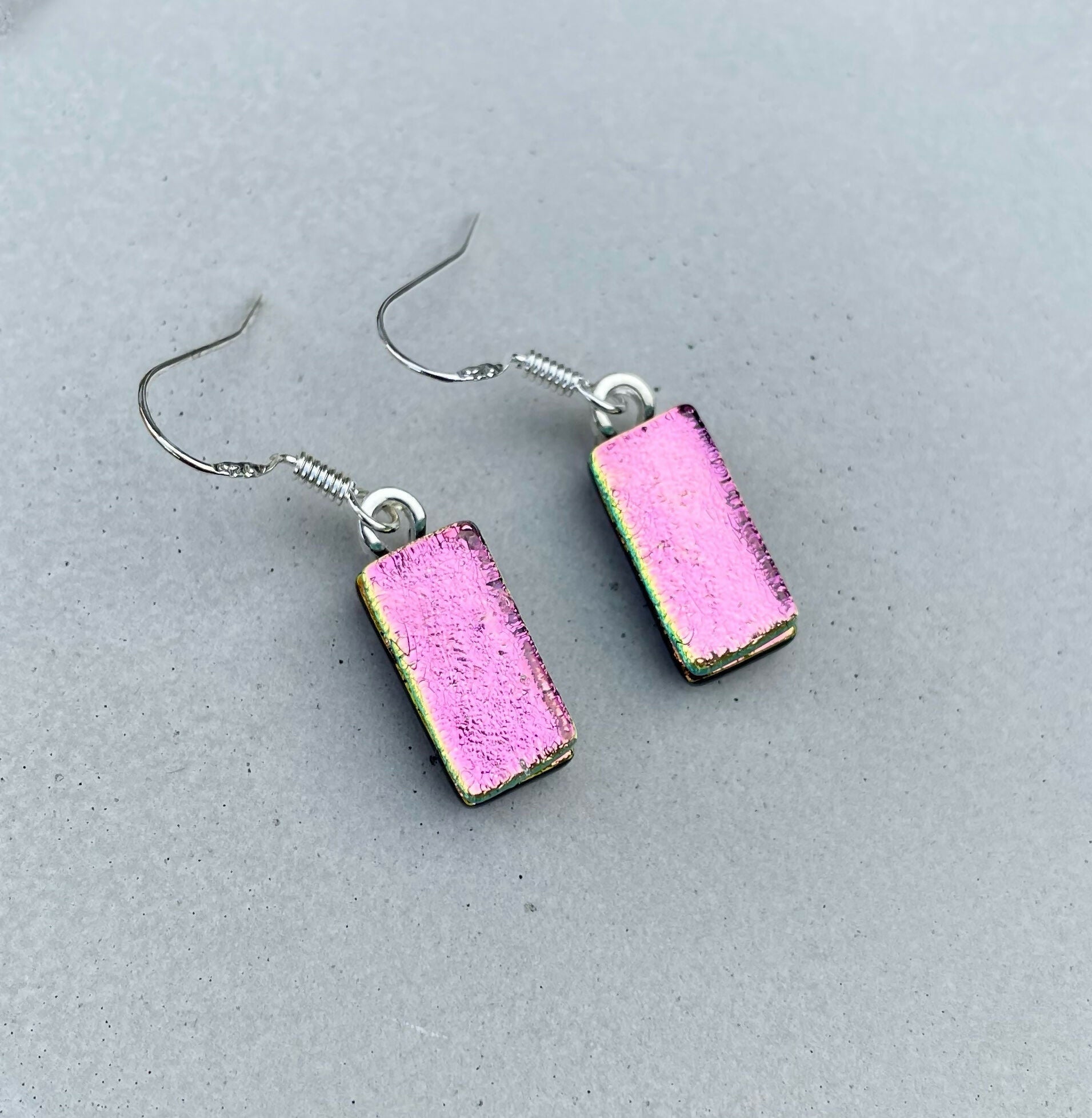 Pink Dichroic Fused Glass Dangle Sterling Silver Earrings - Handmade by Jade Tapson Glass.