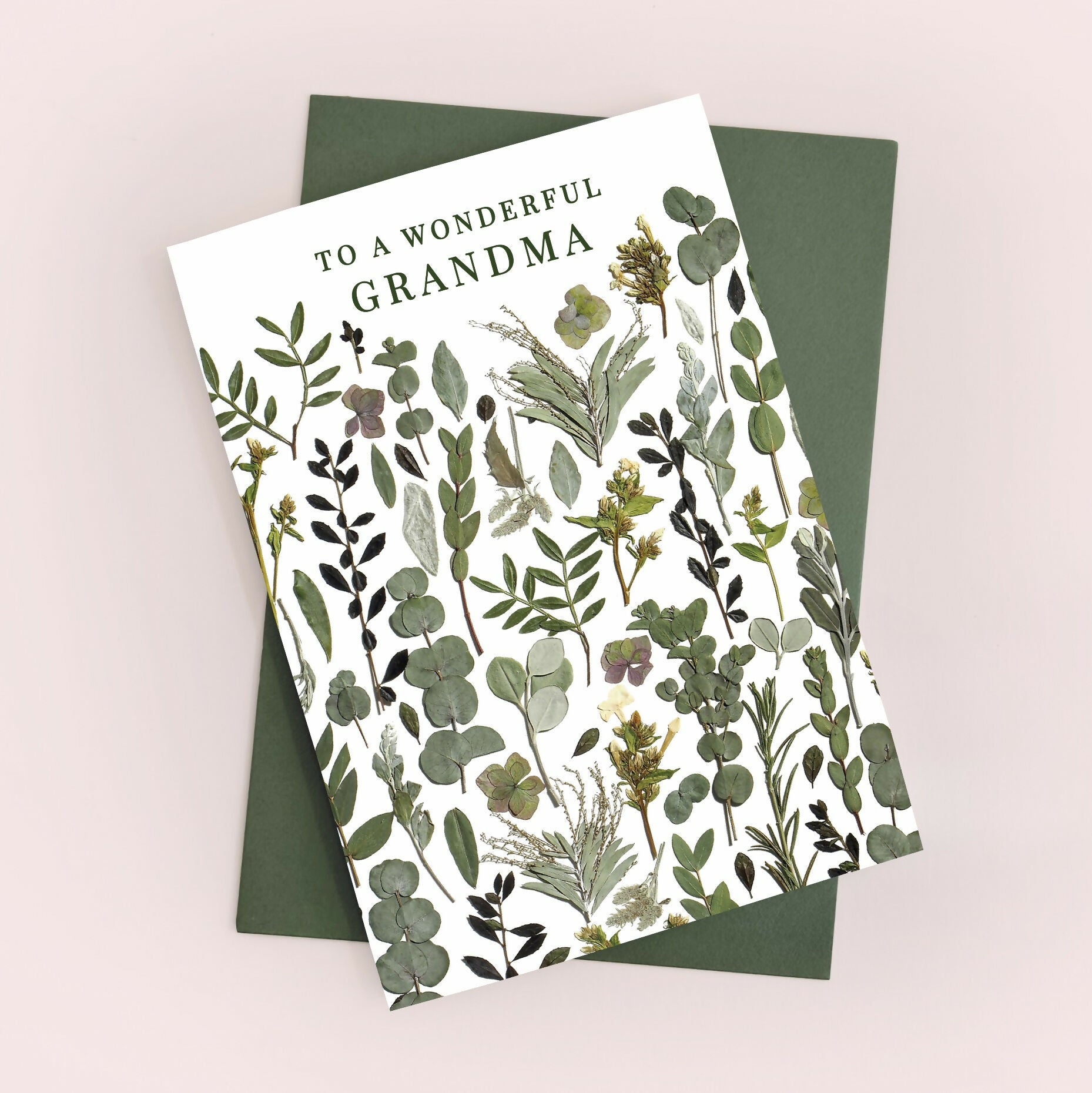 Wonderful Grandma Green Pressed Flower Print Card