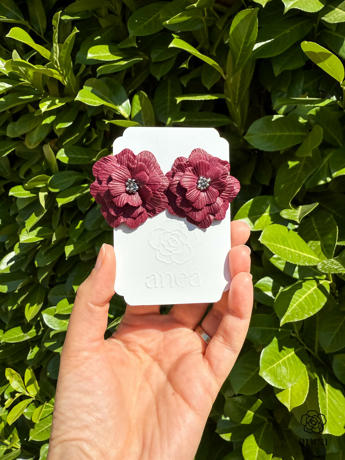 Large Floral Statement Earrings with Silver Bead Centre in Bordeaux