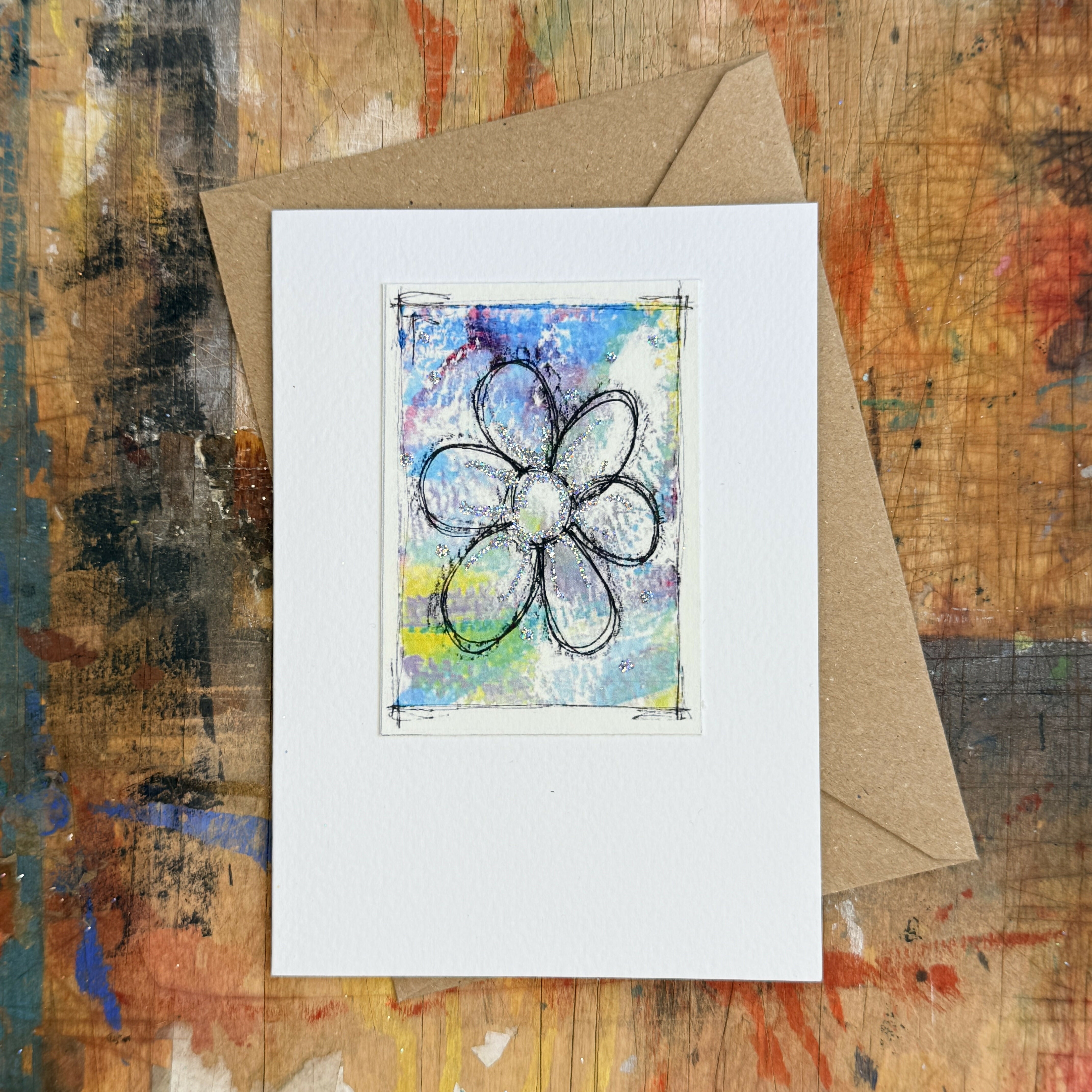 Abstract Sparkle Flower Card in Blue