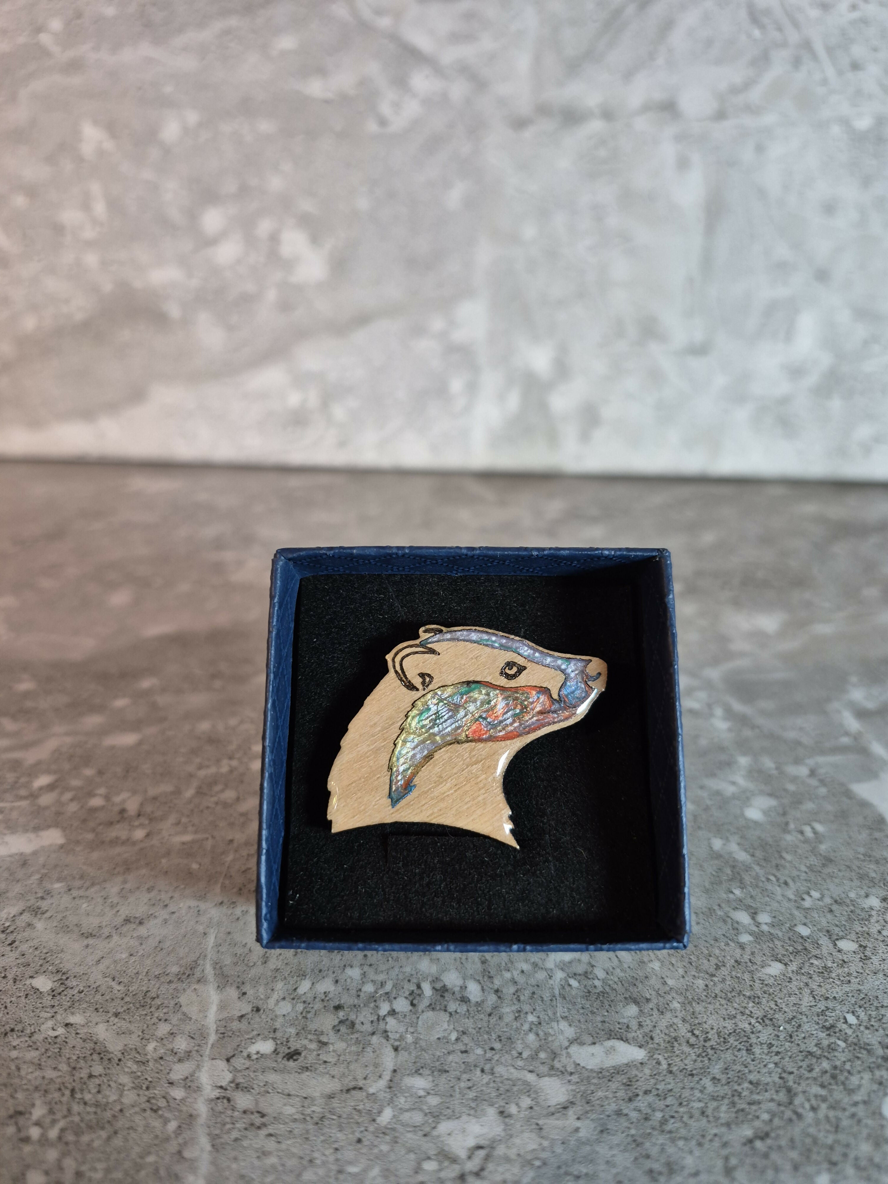Handcrafted Cherry Veneered Badger Head Pin