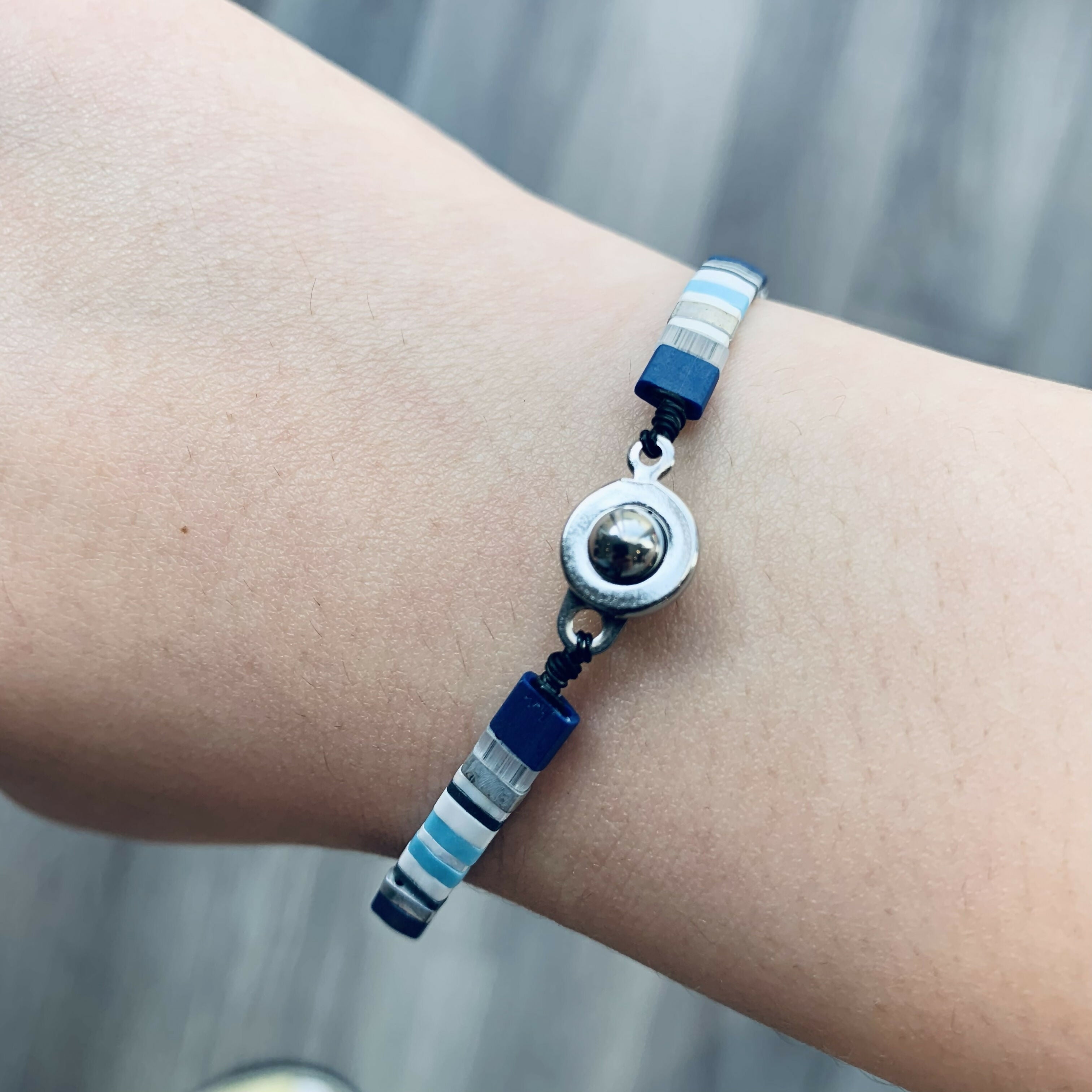 Japanese Tila Glass Bead Bracelet - Blue 185 mm to 195 mm