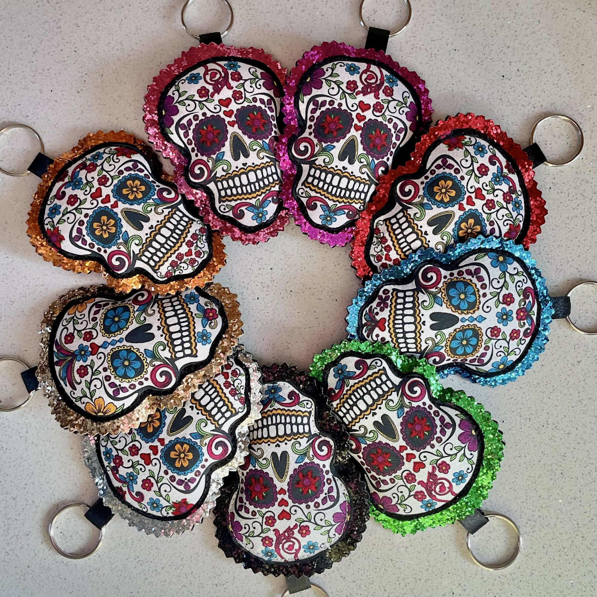 Bright Sugar Skull Keyring, Fabric Sugar Skull Key Ring With Glitter Background, Sparkly Bag Charm, Halloween Gift