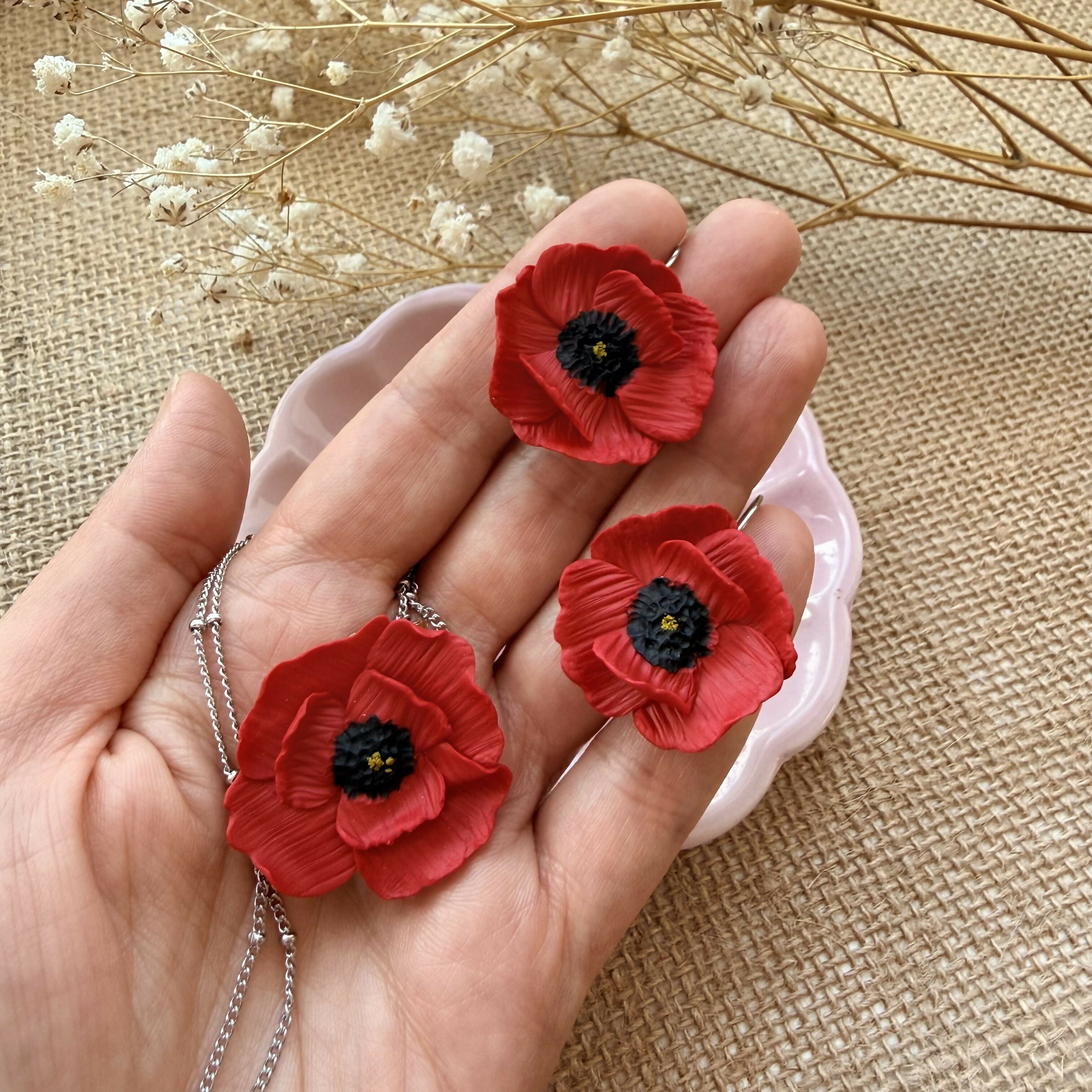 Red Poppy Drop Earrings with Textured Black Centre