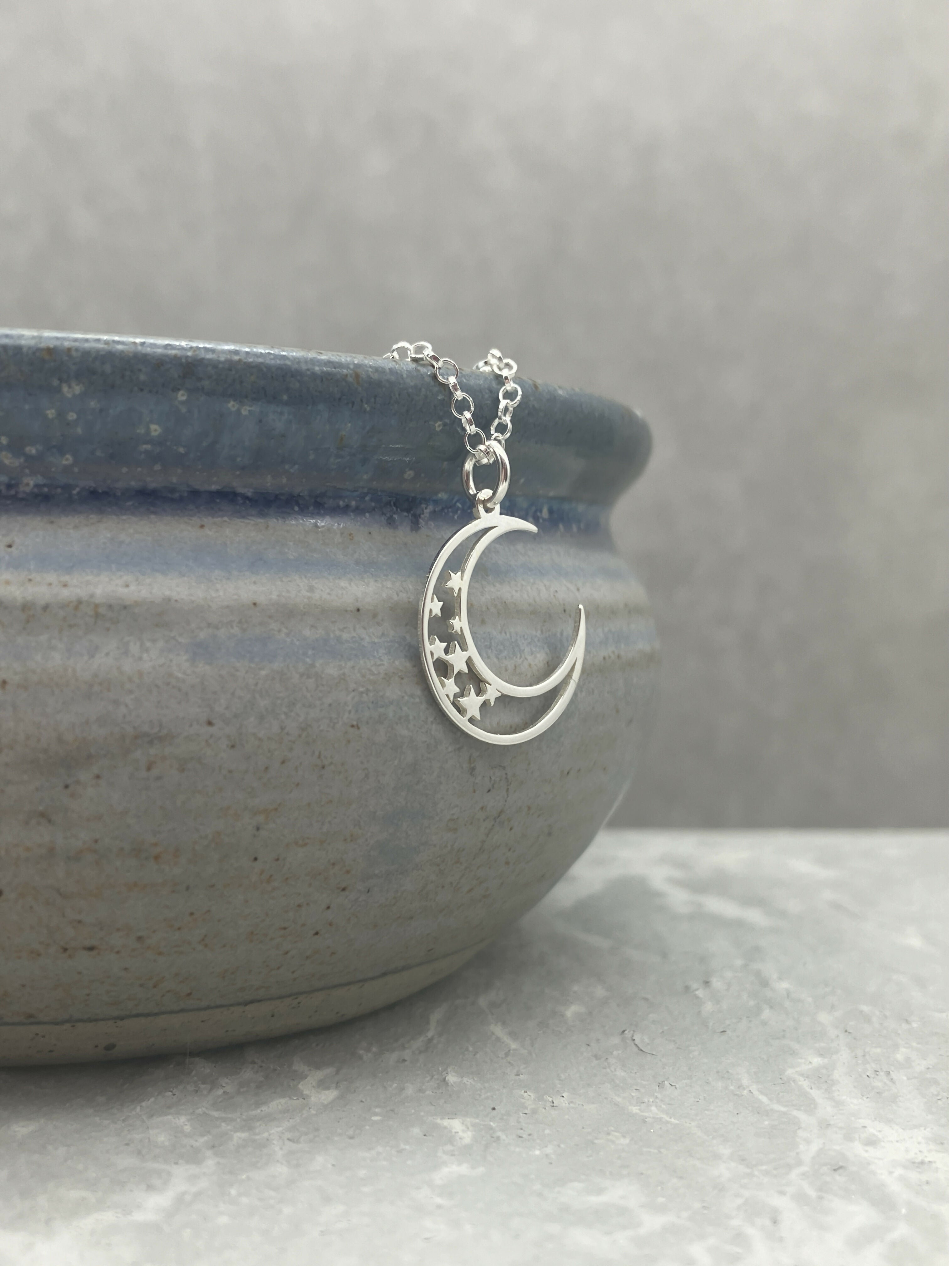 Crescent Moon with Stars Silver Pendant