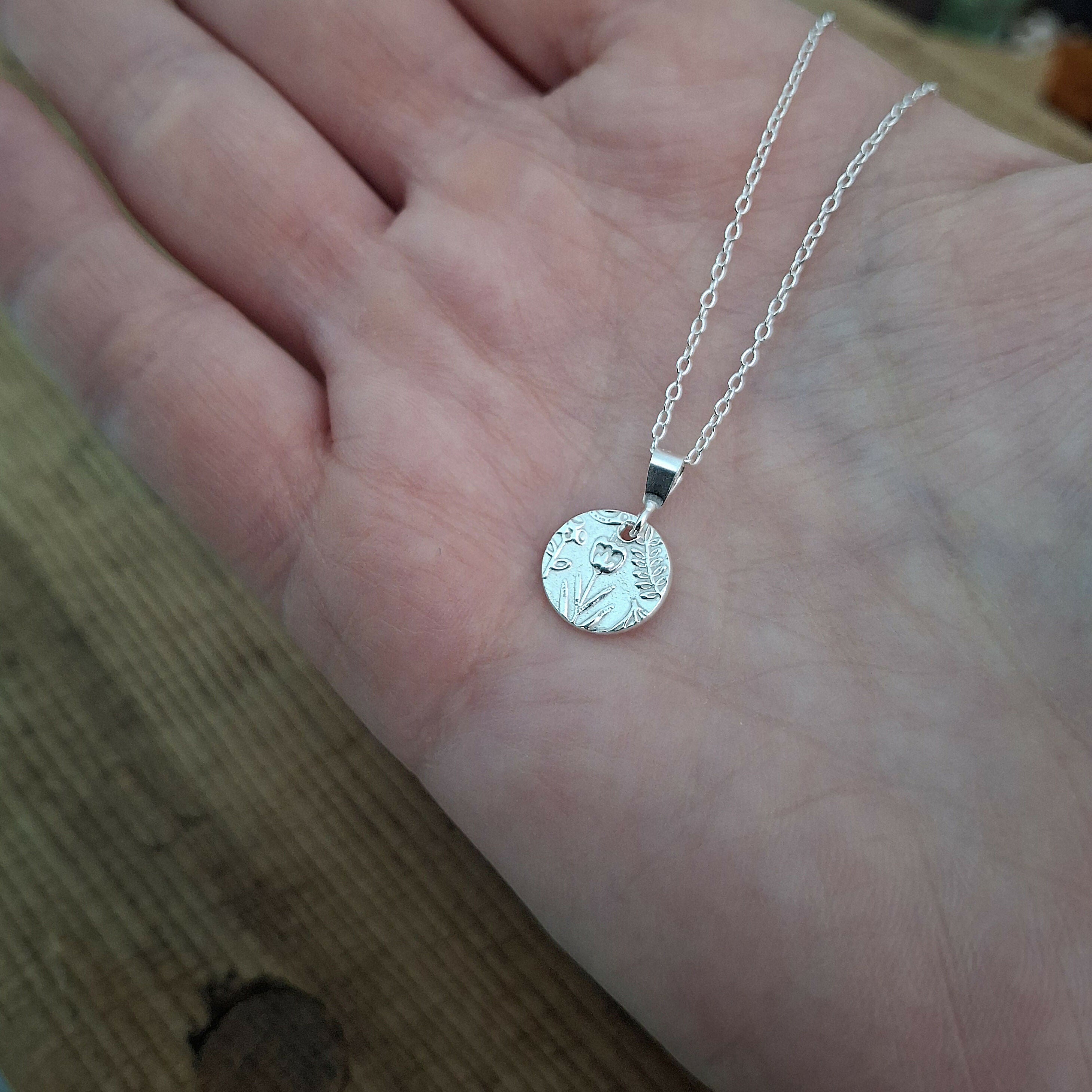 Handmade Round Silver Charm Necklace Botanical Texture