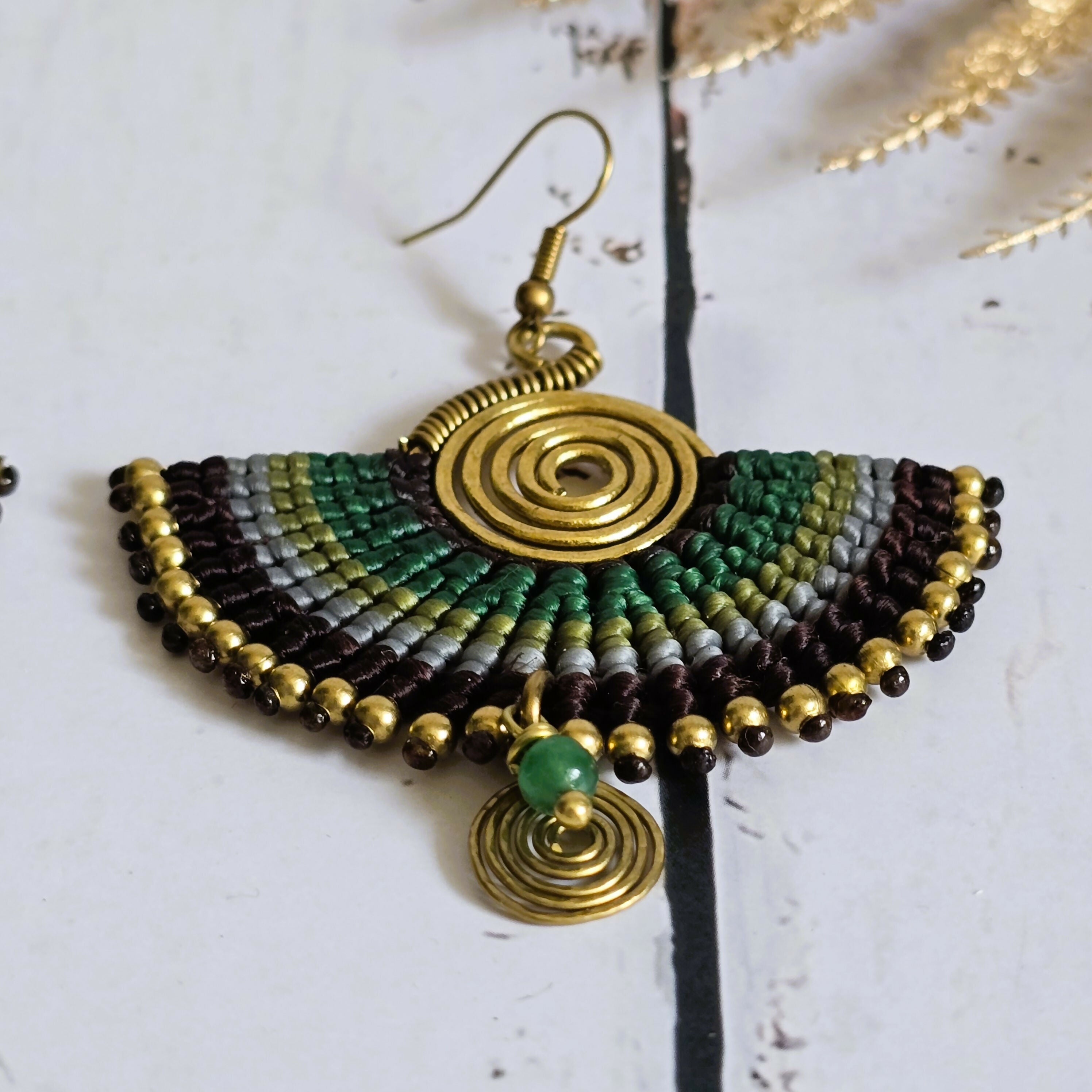 Green Jade Macramé Earrings; Boho Crystal Earrings with Gold Spiral Wire Art