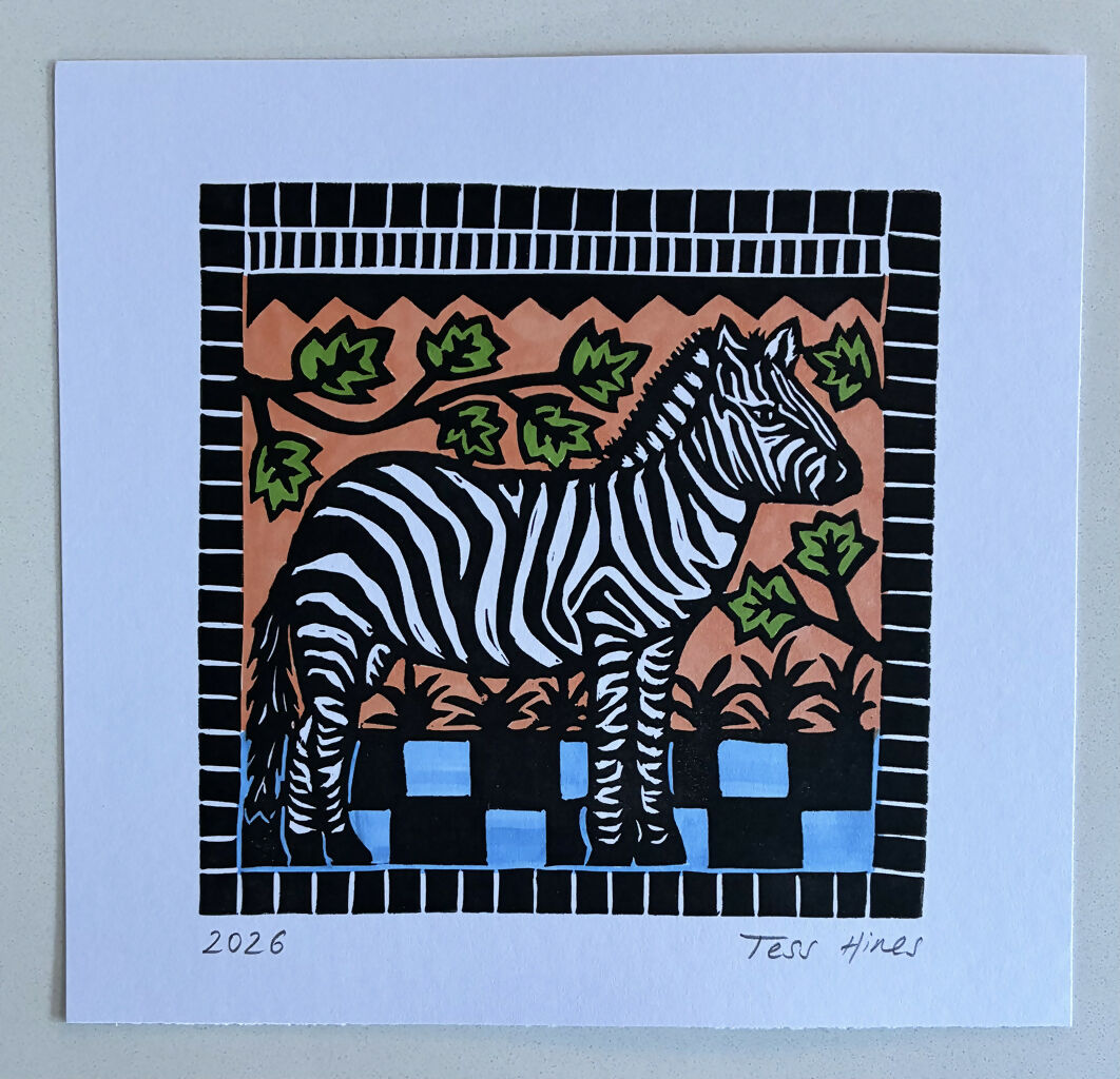 Original Linocut of a Zebra.