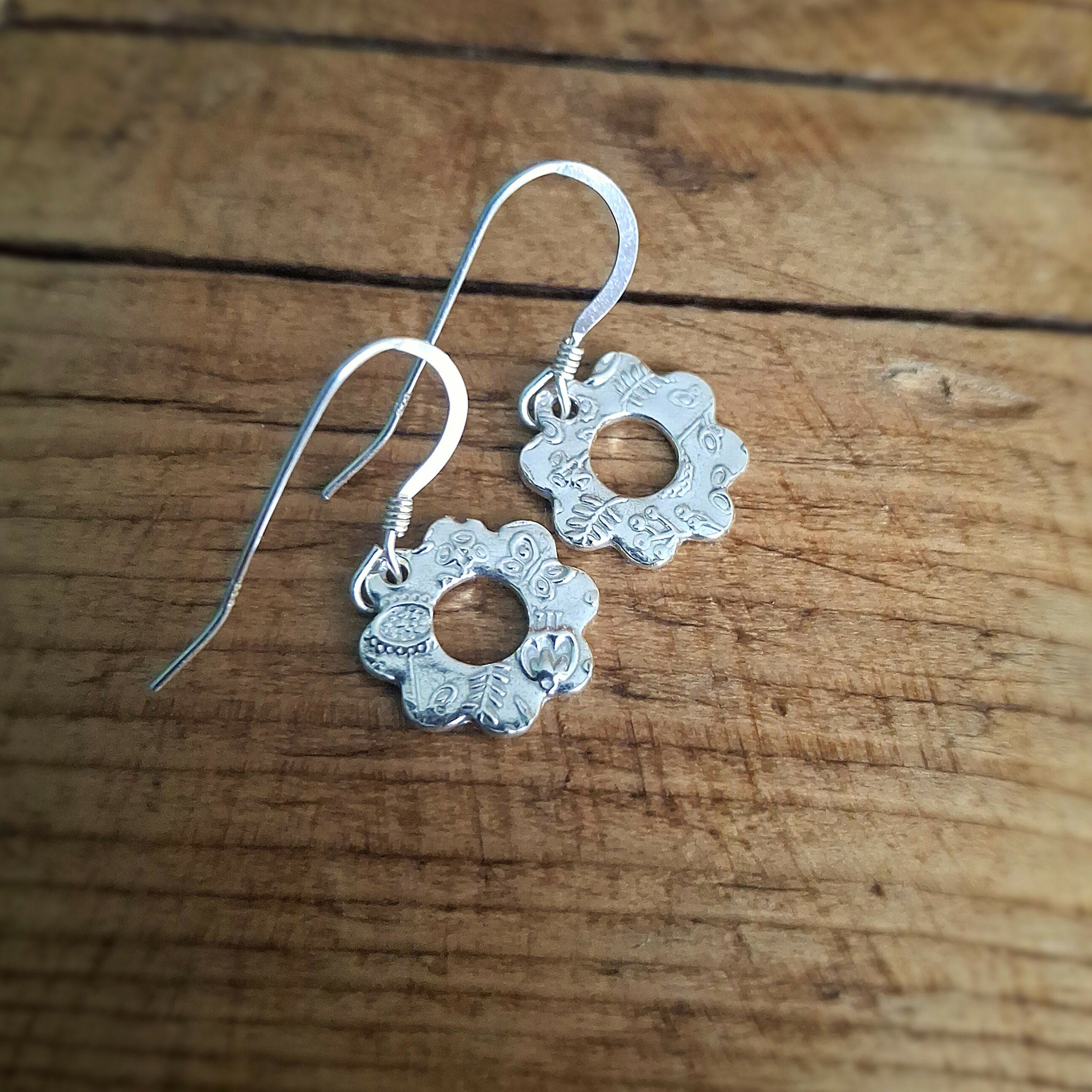 Handmade Silver Flower Earrings Botanical Texture