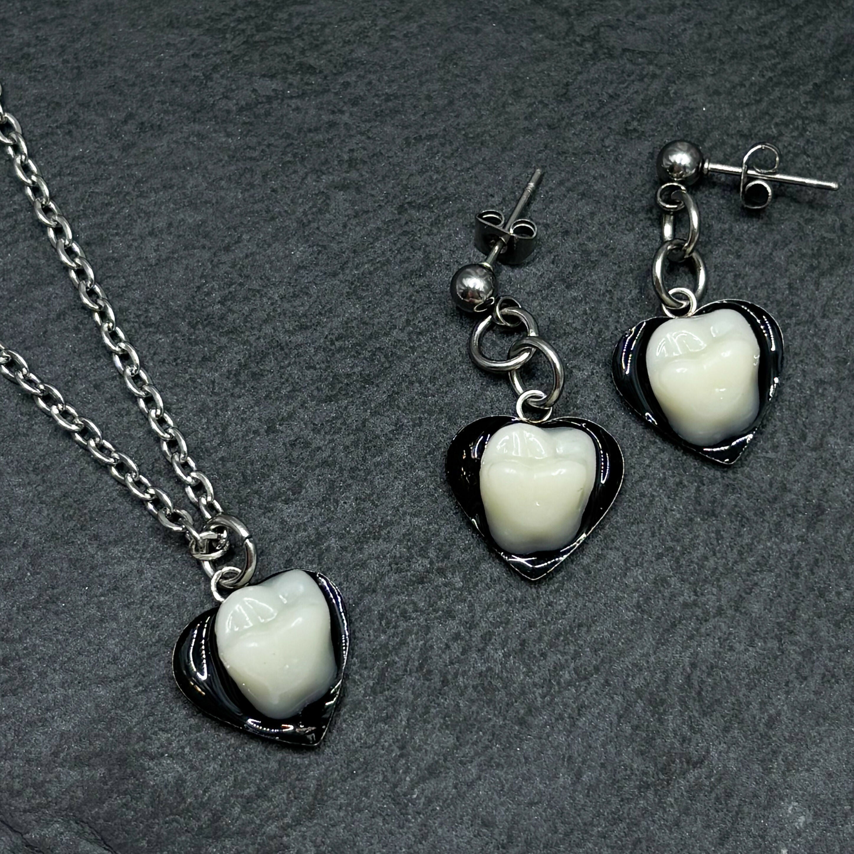 Heart Tooth Necklace & Earrings Set