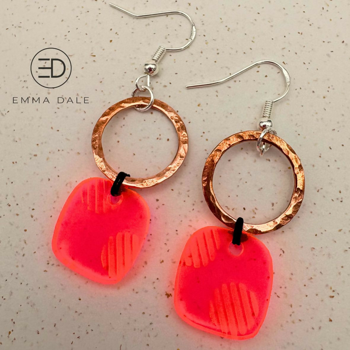 Neon Pink Doodle Acrylic & Hand-Hammered Copper Earrings