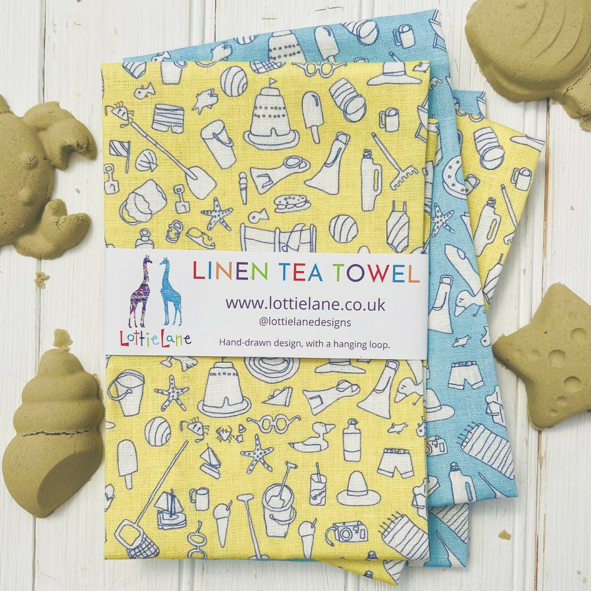 Linen Tea Towel - Beach Design in Yellow