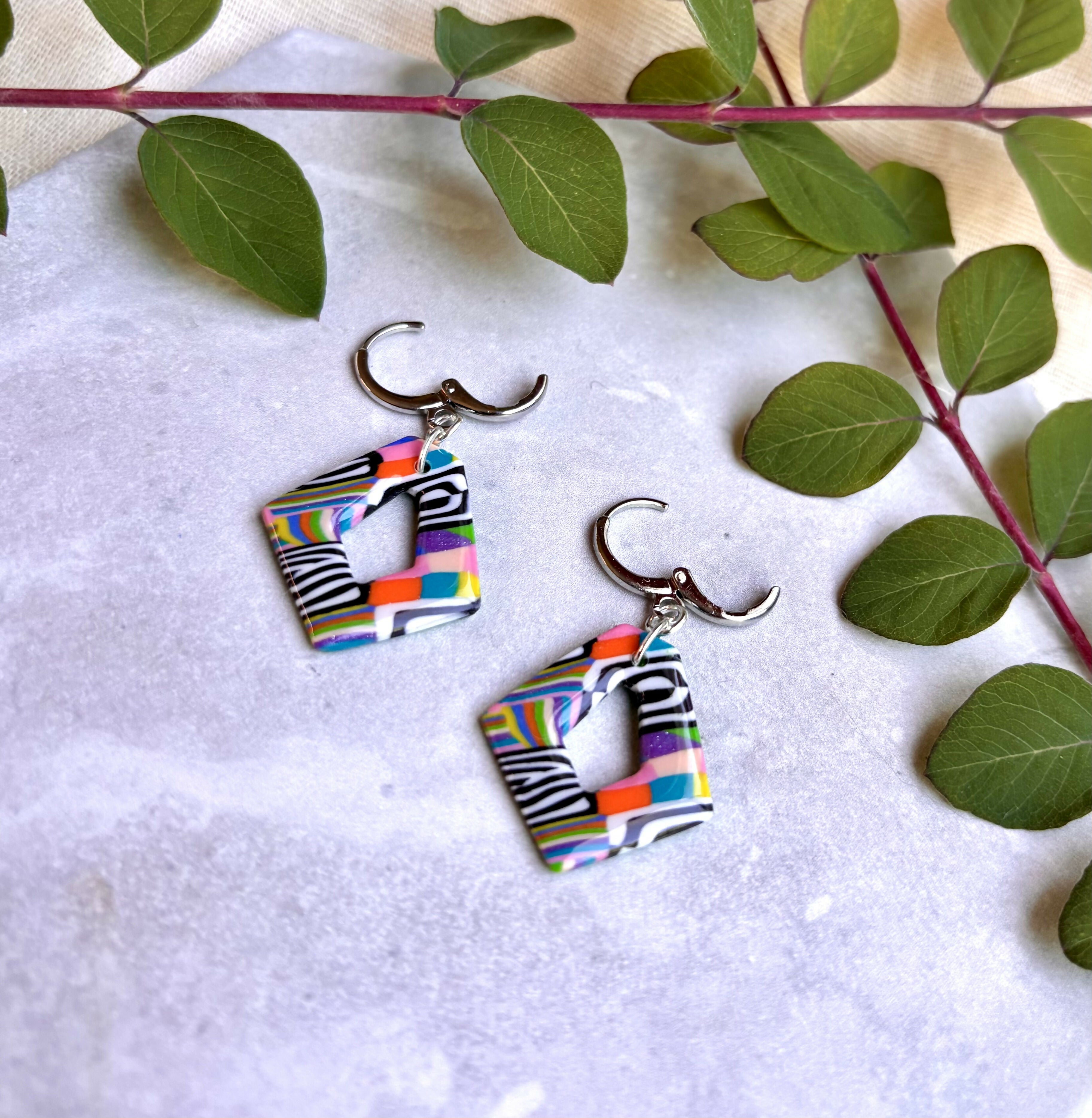 Funky Pattern Collection - Diamond Polymer Clay Earrings Huggie Hoops