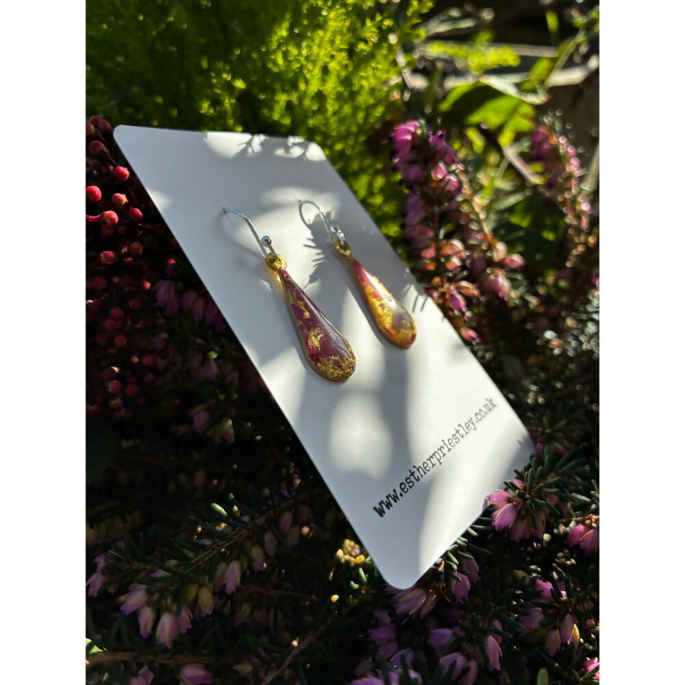Silver Dangle Earrings: Handmade Marbled Effect Jewellery with Gold Leaf