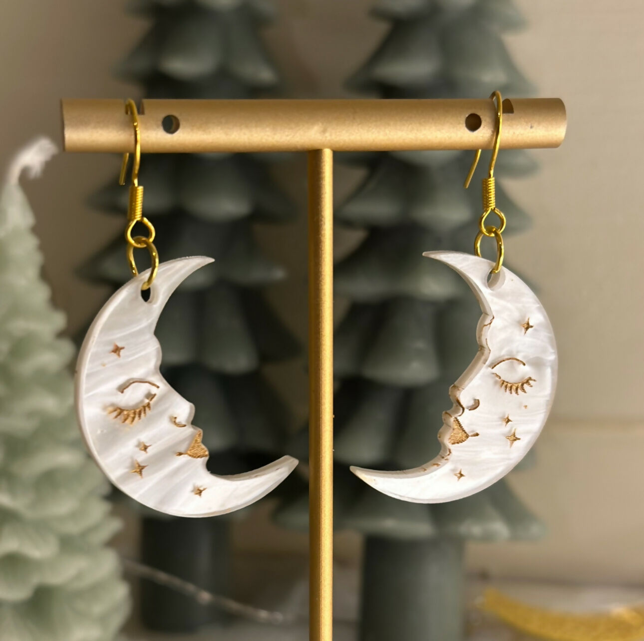 Christmas, Celestial Moon and Star Dangly Earrings