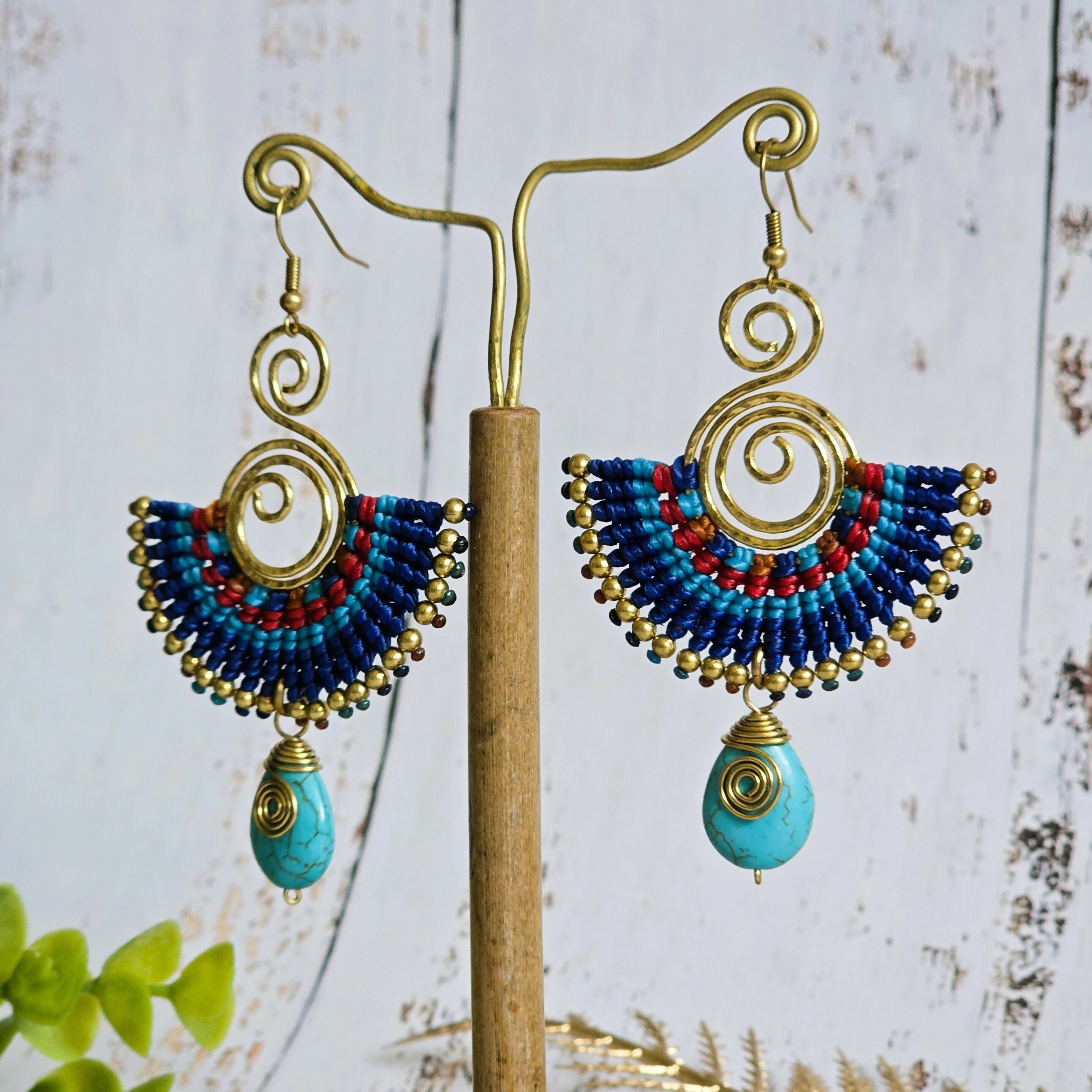 Turquoise Crystal Macramé Earrings; Blue Boho Earrings With Gold Spiral Wire Art