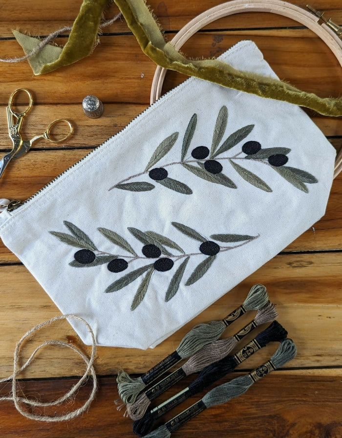 Olive Branch Embroidery Kit for Beginners - Stitch Your Own Makeup Bag - DIY Craft Kit Gift