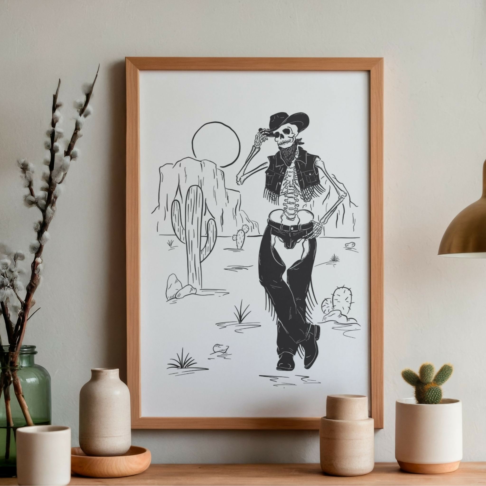 Cowboy Skeleton - Illustrated Black and White Print