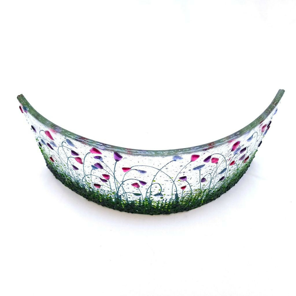 Large Freestanding Fused Glass Curve With Pink, Violet & Lavender Flowers