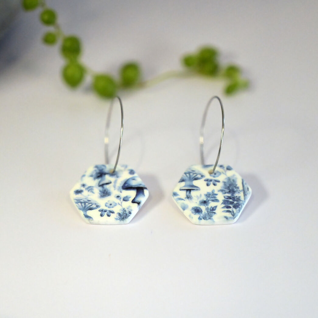 Blue Mushroom Print Hoop Earrings - Handmade Polymer Clay - Polly Plant