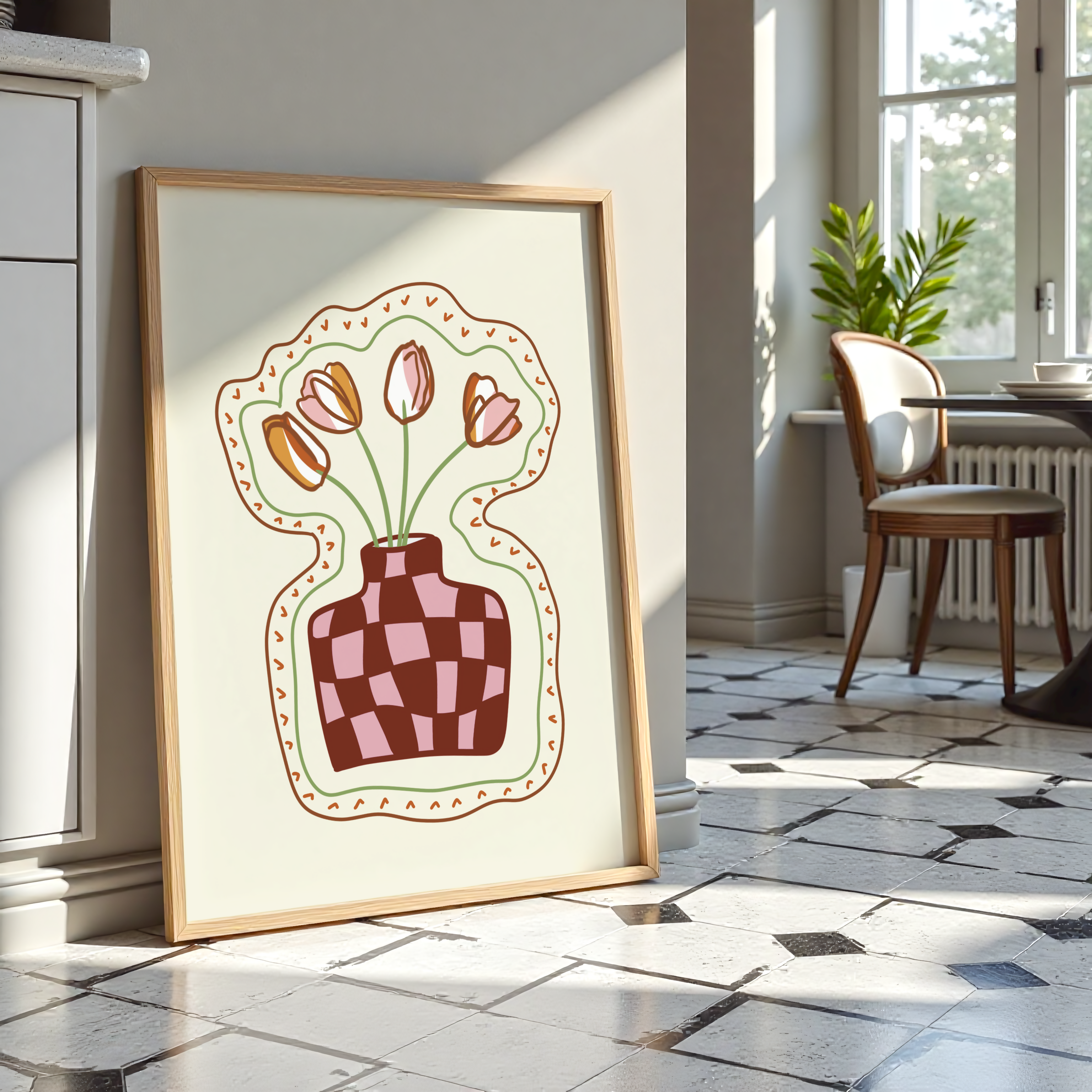 Check Tulip Vase Print in Brown