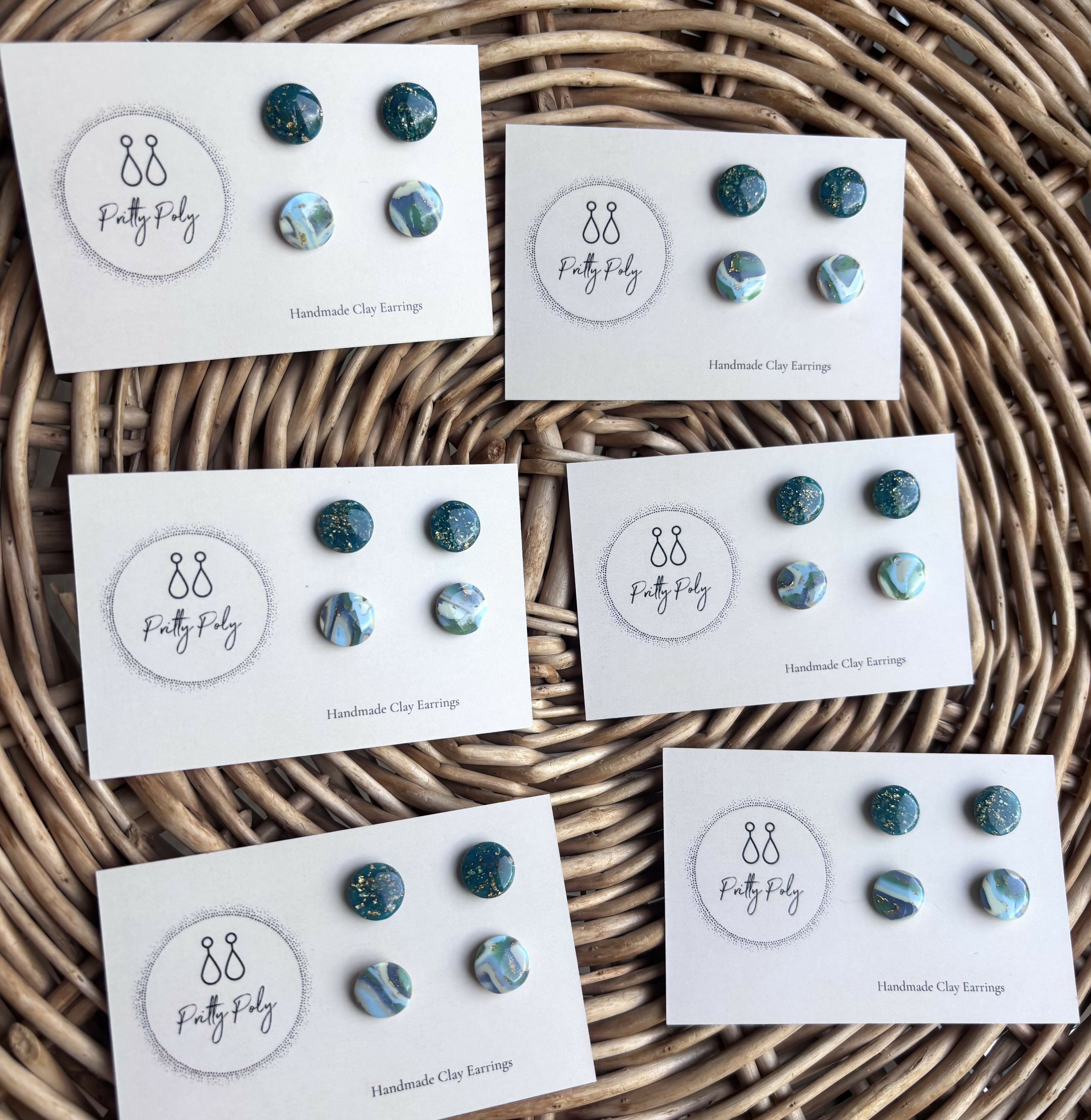 Clay Stud Pack - Deep Blue & Gold and Aqua Pattern Studs
