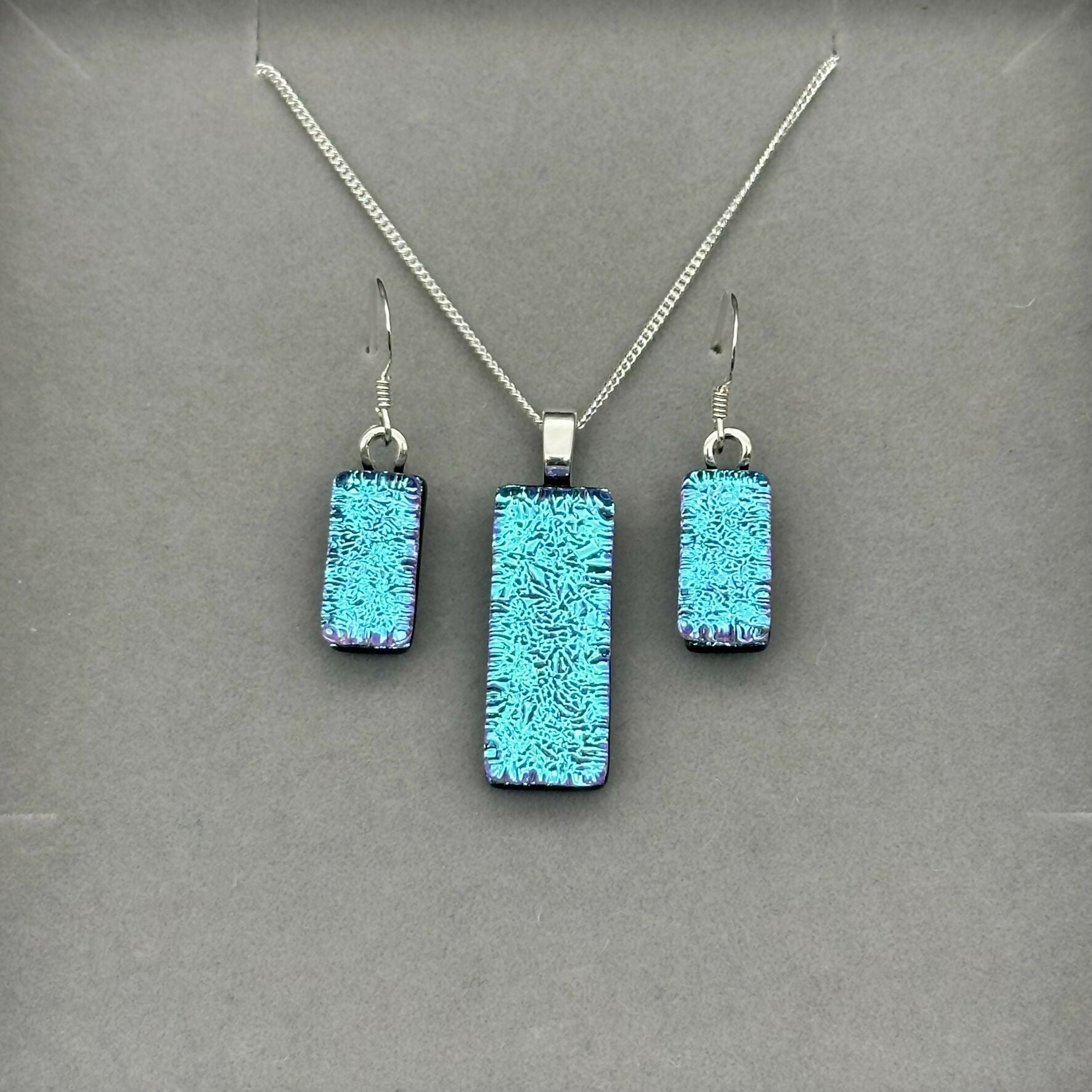 Ice Blue & Purple Dichroic Glass Necklace and Earrings Set - Sterling Silver, Handmade by Jade Tapson Glass