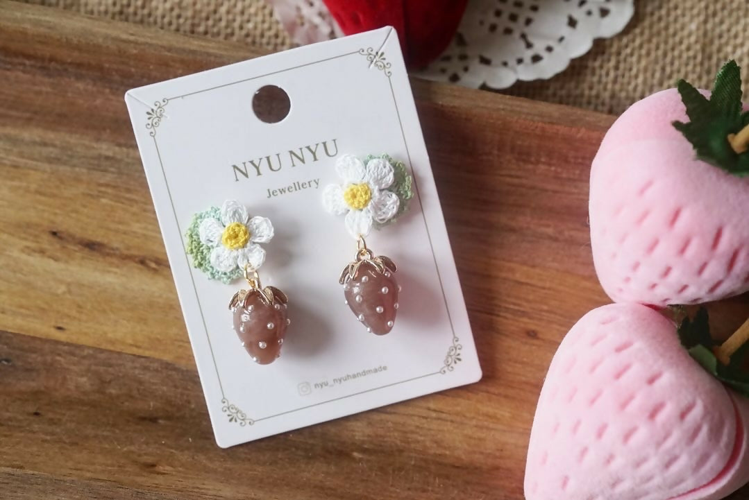 Handmade Micro Crochet Flower with Strawberry Charm Earrings