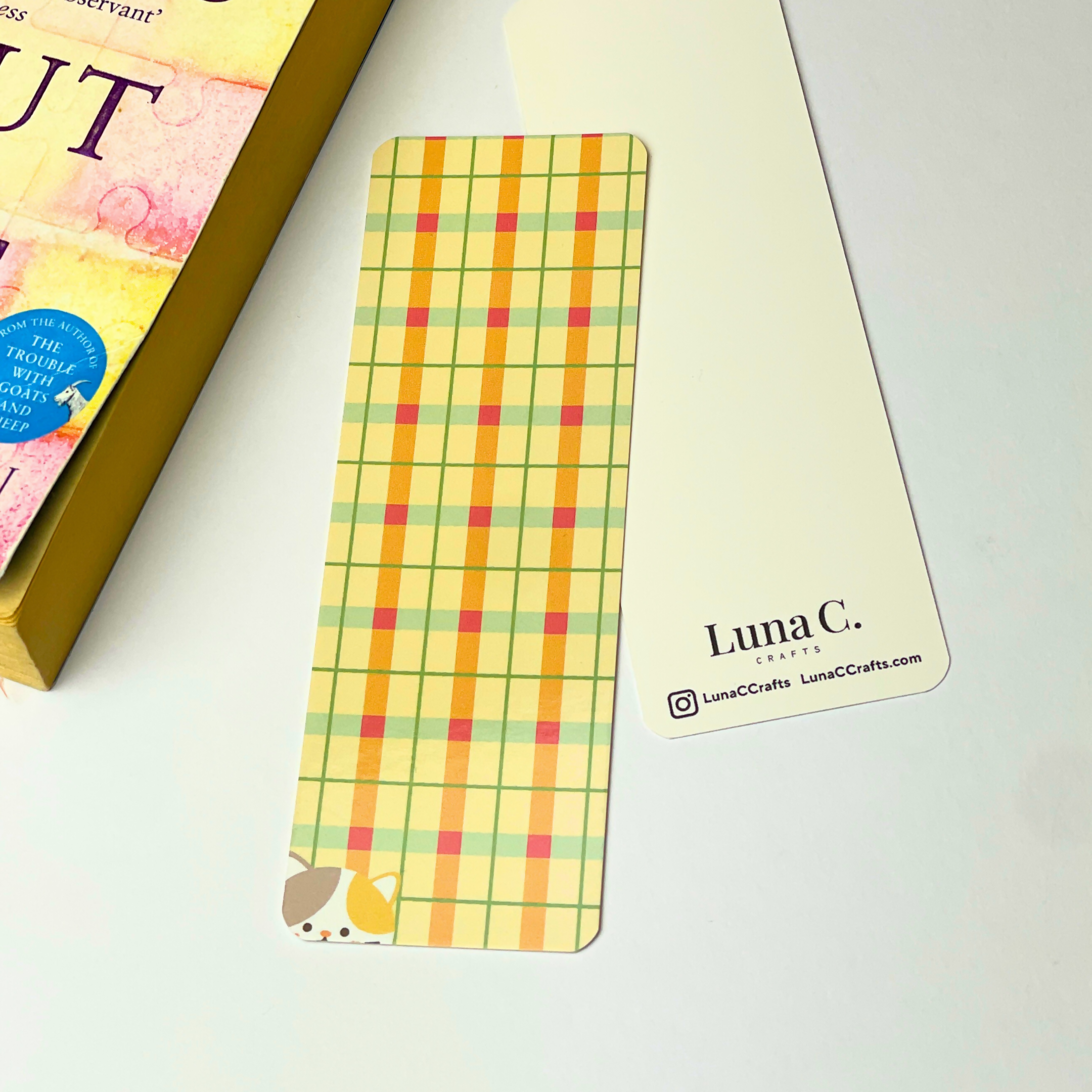 Light Orange Gingham with a Hiding Cat 15 x 5 cm Bookmark