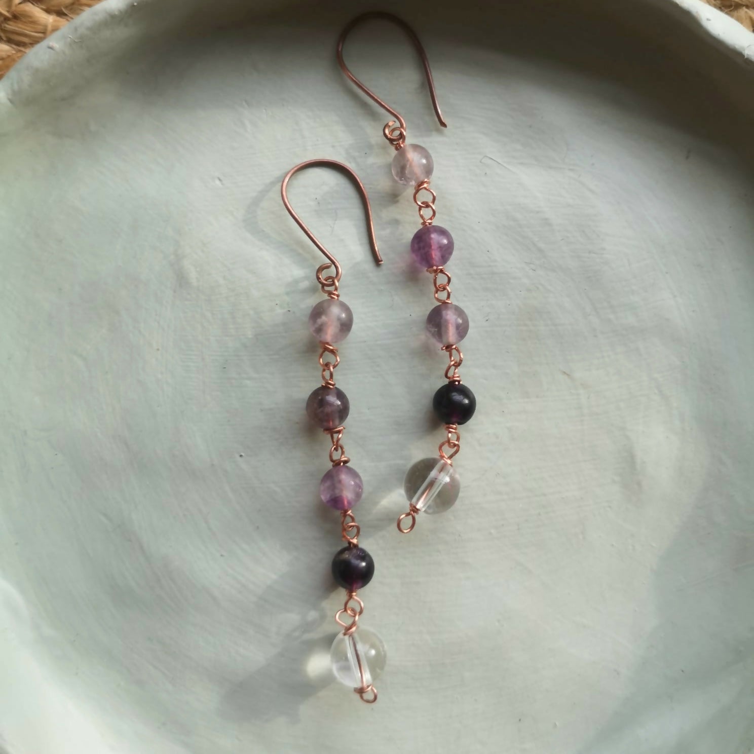 Third Eye Chakra, Copper Dangle Earrings. Made With Natural Fluorite & Quartz.