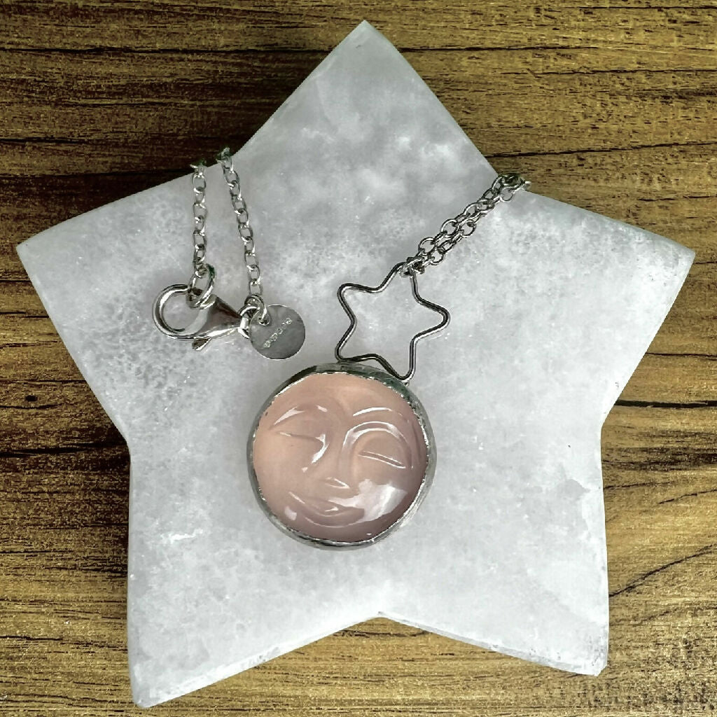 Rose Quartz and Sterling Silver “Man In The Moon” Pendant Necklace